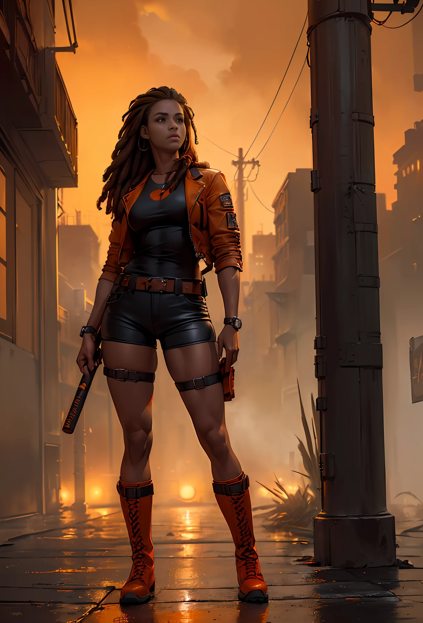 (
    (Character: one woman, latina:1.4, brown skin:1.1, long hair, mega hair, dreadlocks, slightly expression, strong body:1.2,(attractive facial:1.3))
    (Clothing: short orange and brown leather jacket, military shorts, belt, orange long boots, holster on leg,exploration backpack)
    (Pose: full body shot:1.5,perfect hands, hand a baseball bat)
    (Background:dark alley , intense urban lights in background, foggy, night, orange color scheme)
    (Style: ((Best quality)), ((masterpiece)), (face detailed:1.4),photo-realistic:1.3,hyperrealistic)
)