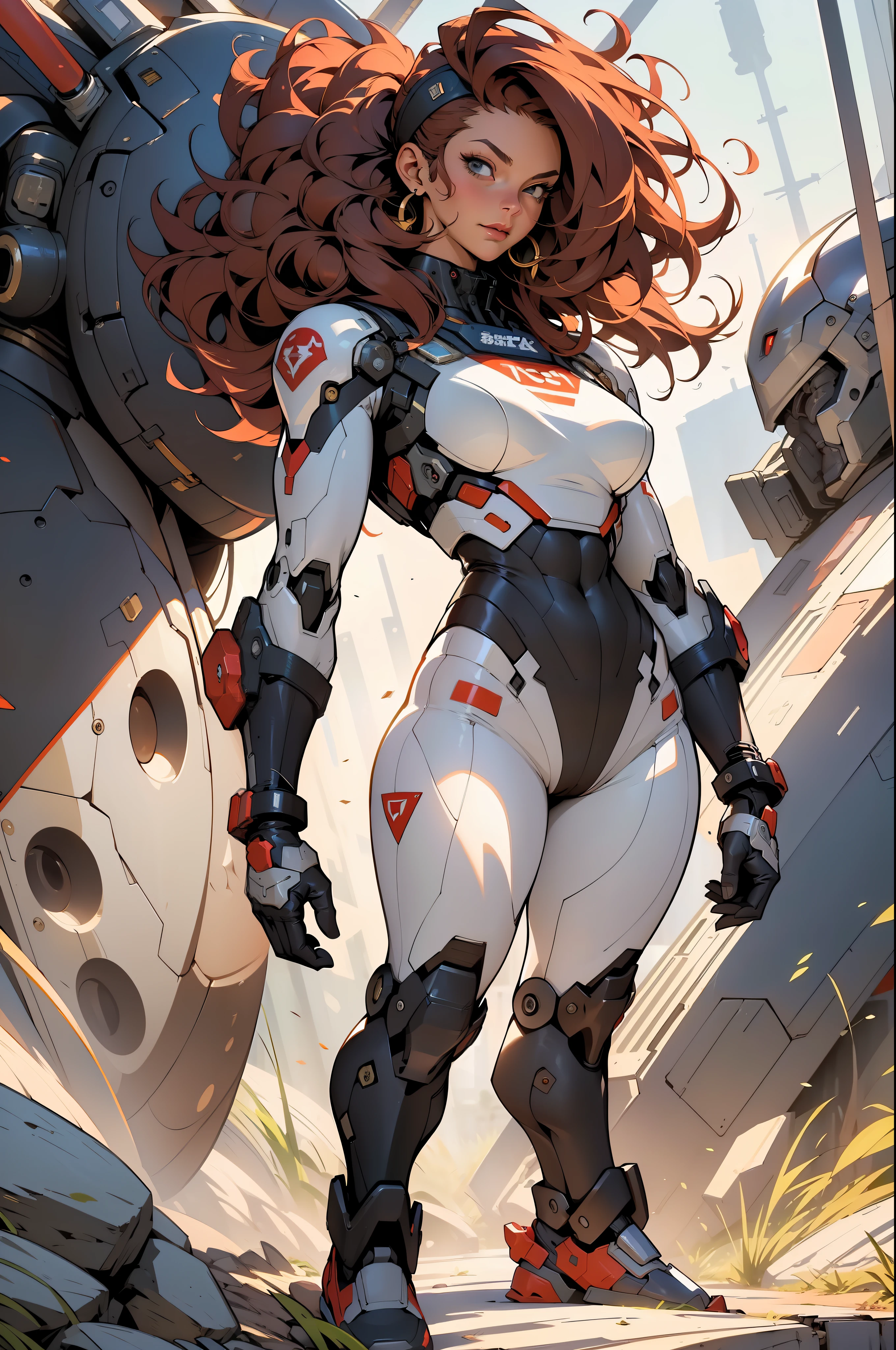 ((Best quality)), ((masterpiece)), (detailed: 1.4), (Absurd), (((full body)), (((woman))), 35-year-old woman, Beautiful muscular woman, giant robot pilot, perfect body savage, wearing little clothes, tiny thong