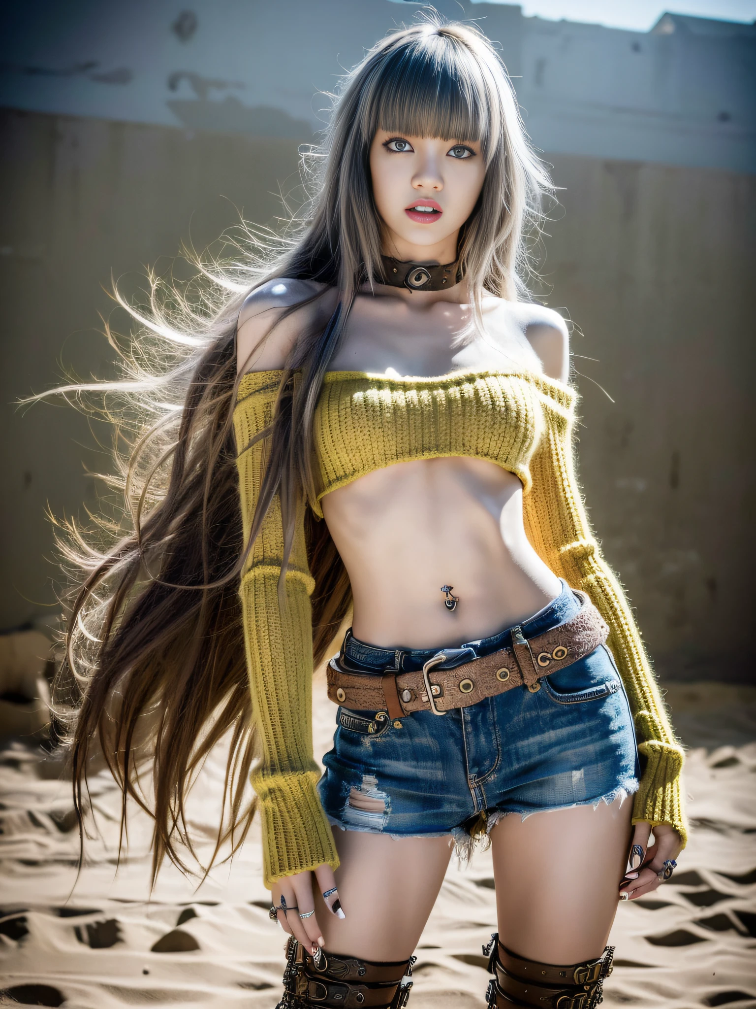 Lisa light yellow long hair, Lisa face shape, wearing wasteland punk costume, knitted clothing, ruins, sexy, bare waist, long legs, masterpiece, superlative, realism, HD, photography lighting, 16k