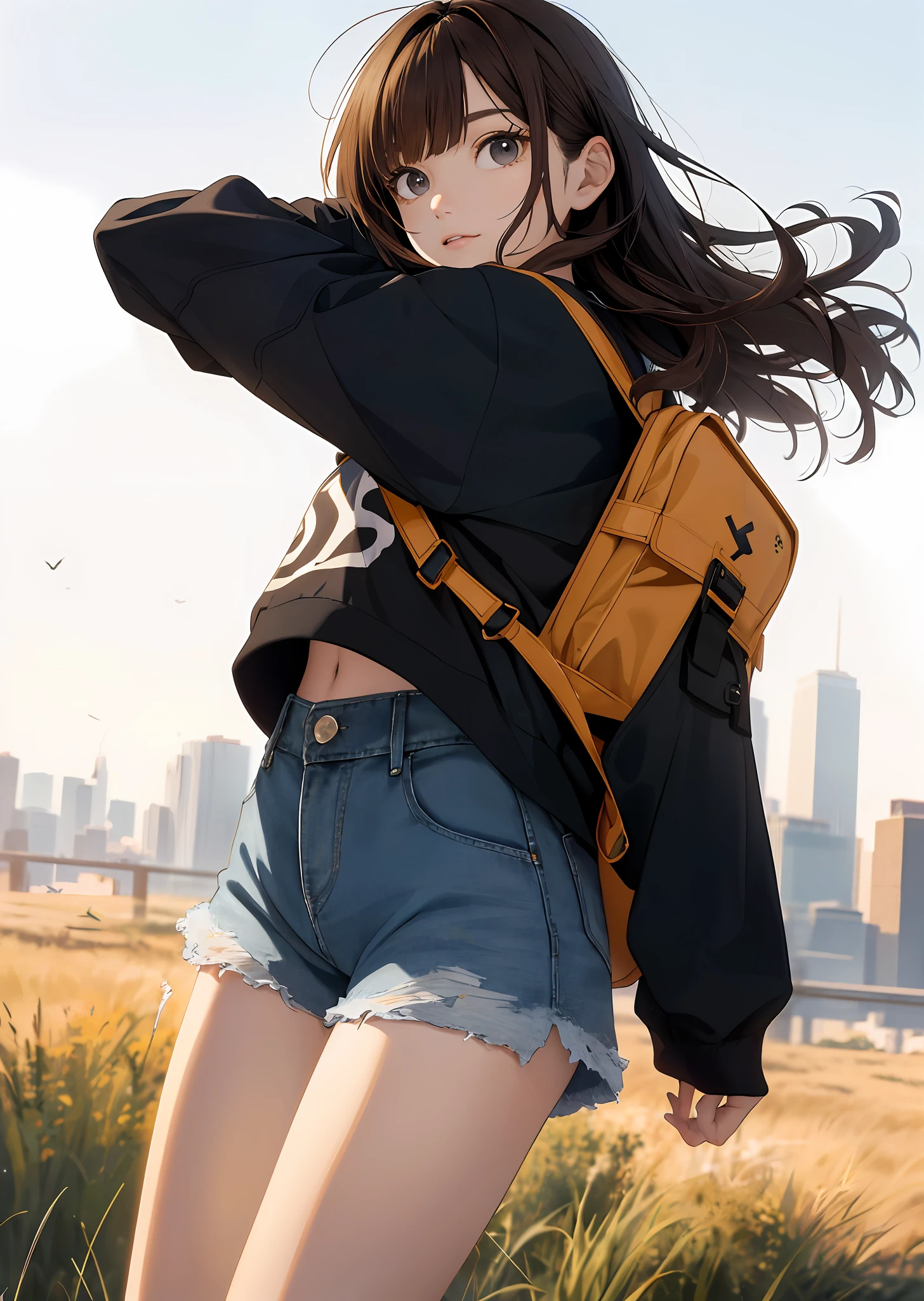 (beautiful and magnificent skyline, majestic sky), (extremely tense and dramatic pictures, moving visual effects), (high hanging Polaris, colorful natural light), (1girl), (long-sleeved top, denim shorts, carrying a backpack), (dynamic pose:1.3, black eyes, black hime-cut hair, sparkling girl)[:0.8], (large grassland), (oncoming breeze), (brown hair and background Coordination effect: 1.2), (close shot, long shot mix and match)[::0.9]