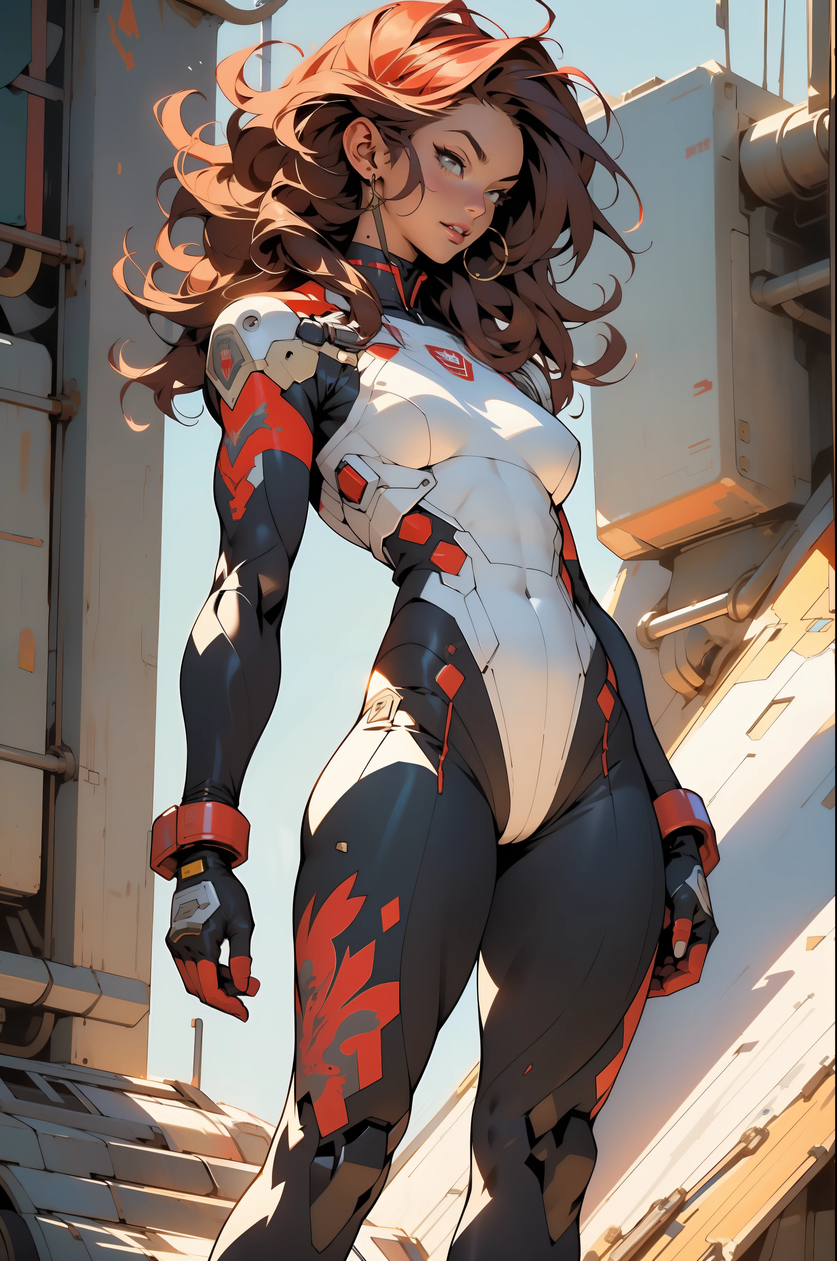 ((Best quality)), ((masterpiece)), (detailed: 1.4), (Absurd), (((full body)), (((woman))), 35-year-old woman, Beautiful muscular woman, giant robot pilot, perfect body savage, wearing little clothes, tiny thong