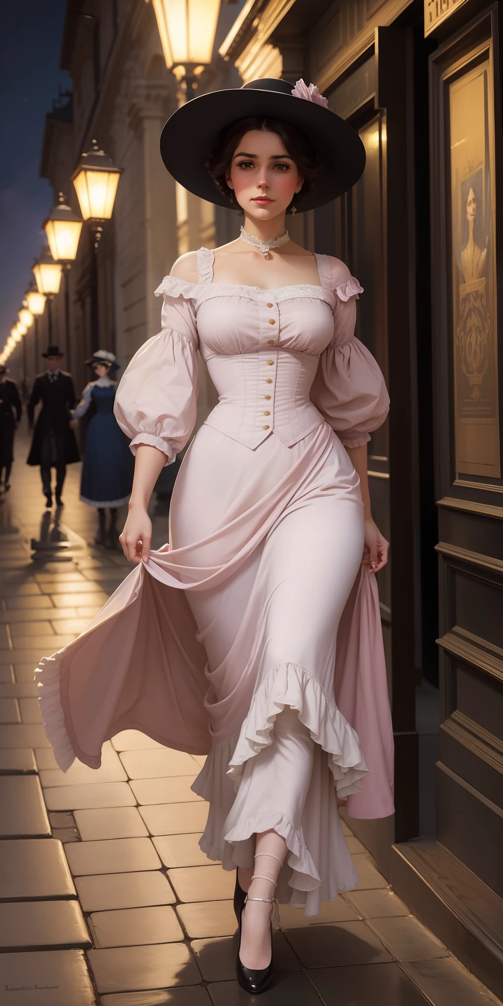 Painting , beautiful portrait, close-up, high resolution, 8k,of a woman in a pink dress and hat walking down a street, wide hips,walking at night.by the , street lamps at night Art by Edouard Bisson, ( (Konstantin Razumov ) ), Konstantin Razumov, by Herbert James Gunn, Victorian lady, a beautiful Victorian woman, Victorian fantasy art, Herbert James Draper, dressed in Victorian clothes, Vittorio Matteo Corcos, beautiful character painting
