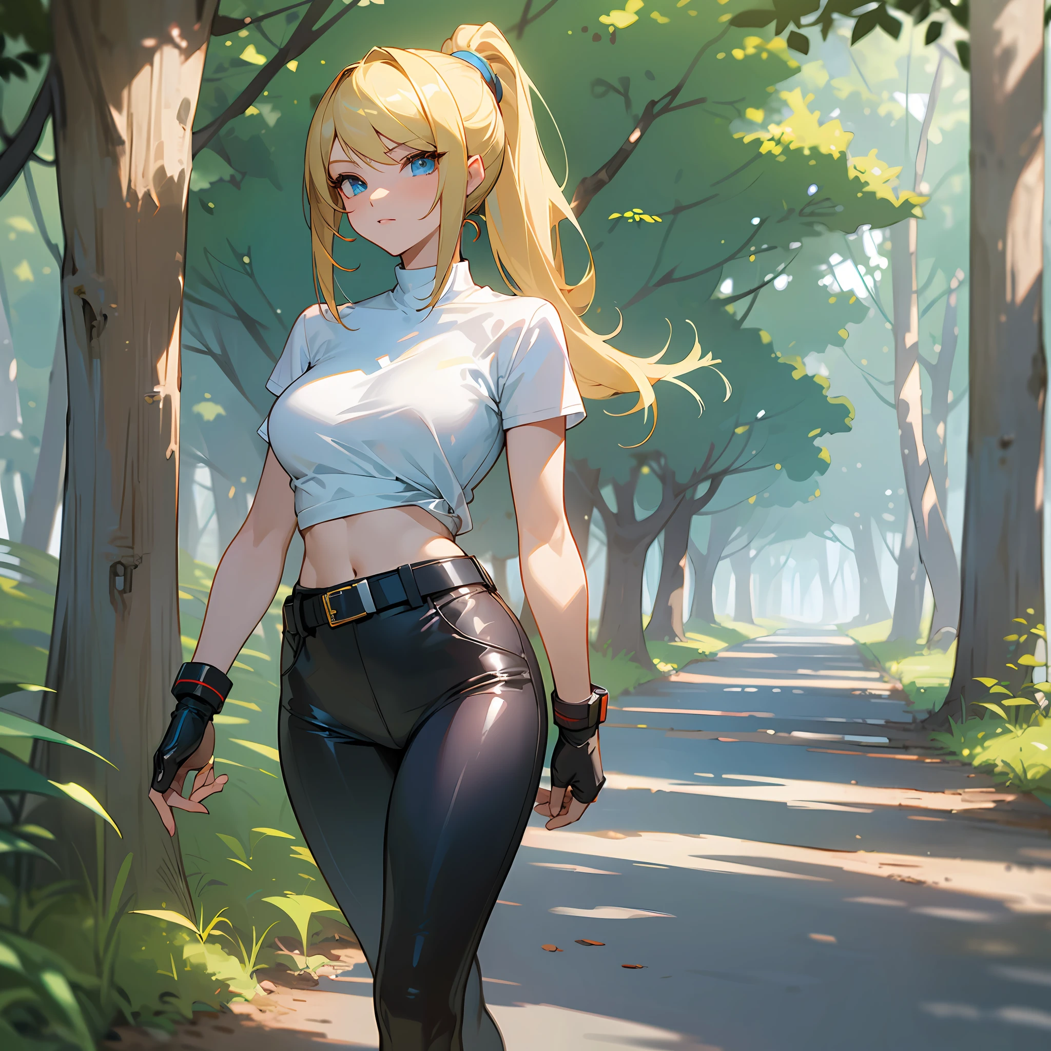 (masterpiece, best quality) 1.5, 1girl, solo, (sexy, beautiful woman, perfect face, perfect eyes), samus aran, leather legging pants with belt, white t-shirt with neckline, white sneakers, walking in the forest, (blue eyes, blonde hair, ponytail) --auto --s2