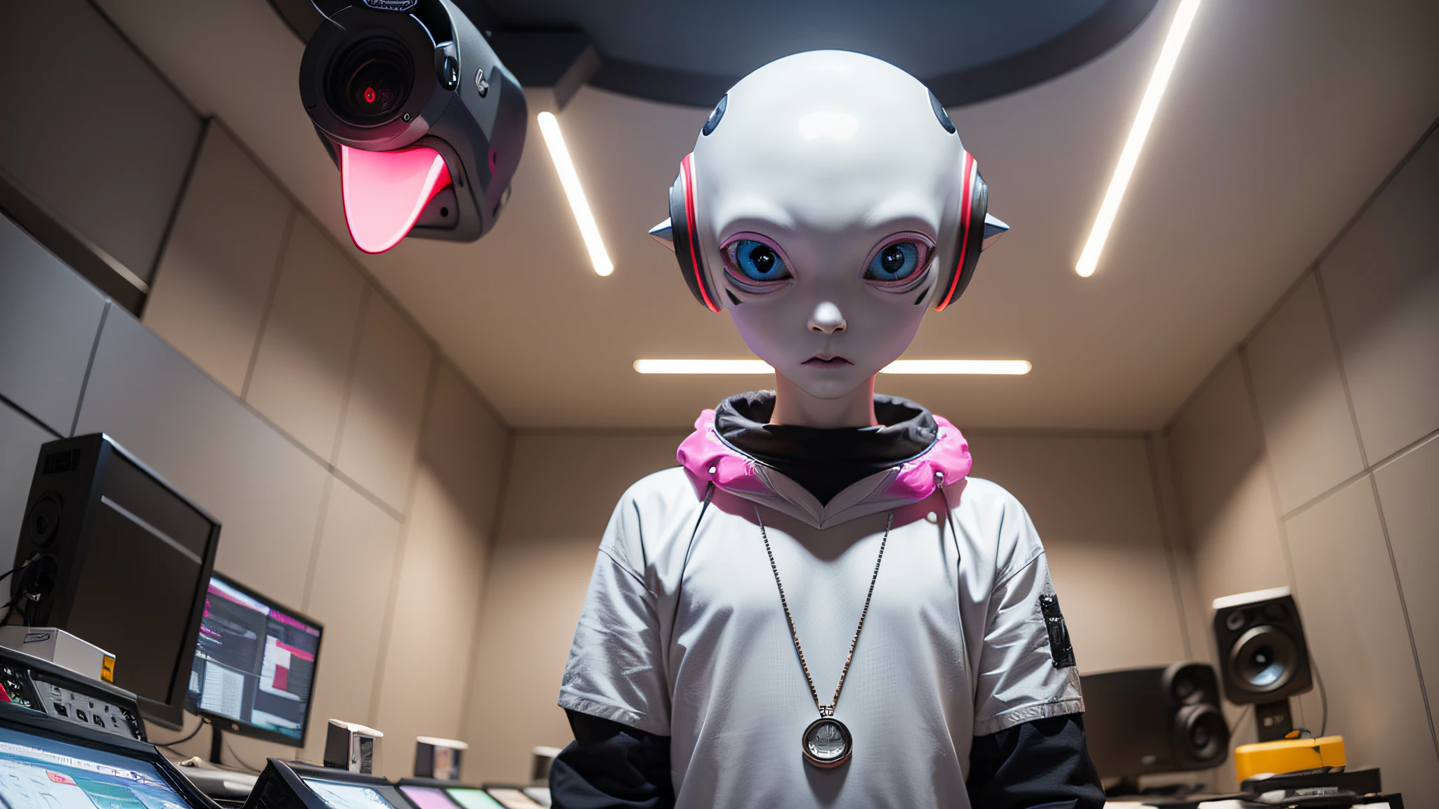 An alien, with albino and realistic skin, large head, short and thin neck, very large eyes and all black, which reflects the local lighting, a nose similar to that of humans but small, a mouth similar to that of humans but small, the body is thin and thin, the alien wears a white sleeve shirt with a letter made of small silver that appears to the right represented within a triangle of the same size, the clothing is inspired by the clothes used for surfing, the color to be used is red, pink chock and blue, as well as details of the environment, and manufactured with neoprene fabric, it is possible to notice a silver necklace hanging from his neck, with a pinjente in the triangular shape with an eye that sees everything in the center as a symbol. the alien is in a recording studio whose scenery is minimalist and features a gray background in gradient hue to circular white, the camera captures the image from the waist up, the alien presents friendly and light expressions, the alien interact with the camera always with a slight smile of satisfaction and tranquility,  The skin used and all the elements are of extreme realism, especially the skins, the lighting is an illumination inspired by the 80s.