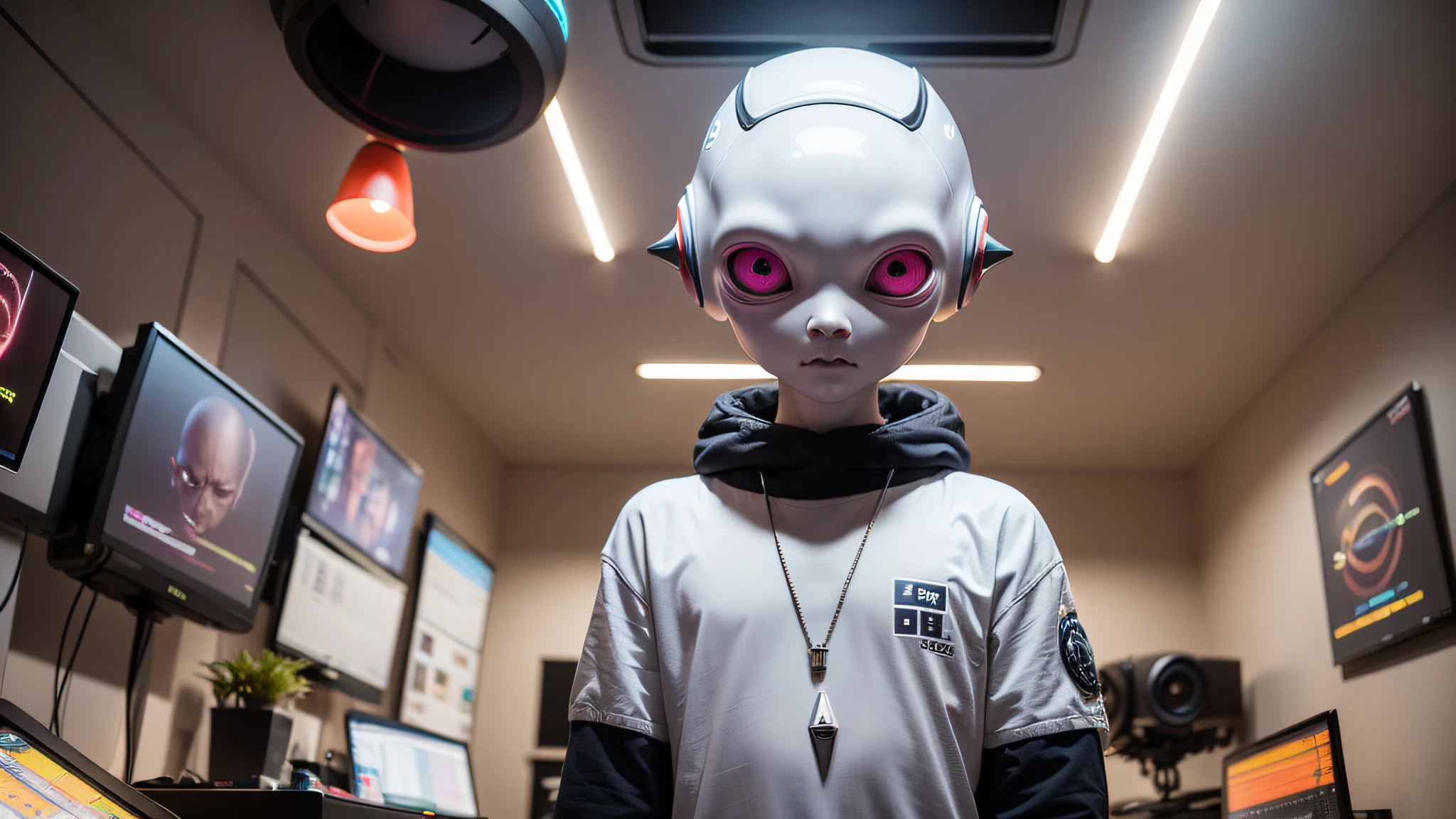 An alien, with albino and realistic skin, large head, short and thin neck, very large eyes and all black, which reflects the local lighting, a nose similar to that of humans but small, a mouth similar to that of humans but small, the body is thin and thin, the alien wears a white sleeve shirt with a letter made of small silver that appears to the right represented within a triangle of the same size, the clothing is inspired by the clothes used for surfing, the color to be used is red, pink chock and blue, as well as details of the environment, and manufactured with neoprene fabric, it is possible to notice a silver necklace hanging from his neck, with a pinjente in the triangular shape with an eye that sees everything in the center as a symbol. the alien is in a recording studio whose scenery is minimalist and features a gray background in gradient hue to circular white, the camera captures the image from the waist up, the alien presents friendly and light expressions, the alien interact with the camera always with a slight smile of satisfaction and tranquility,  The skin used and all the elements are of extreme realism, especially the skins, the lighting is an illumination inspired by the 80s.