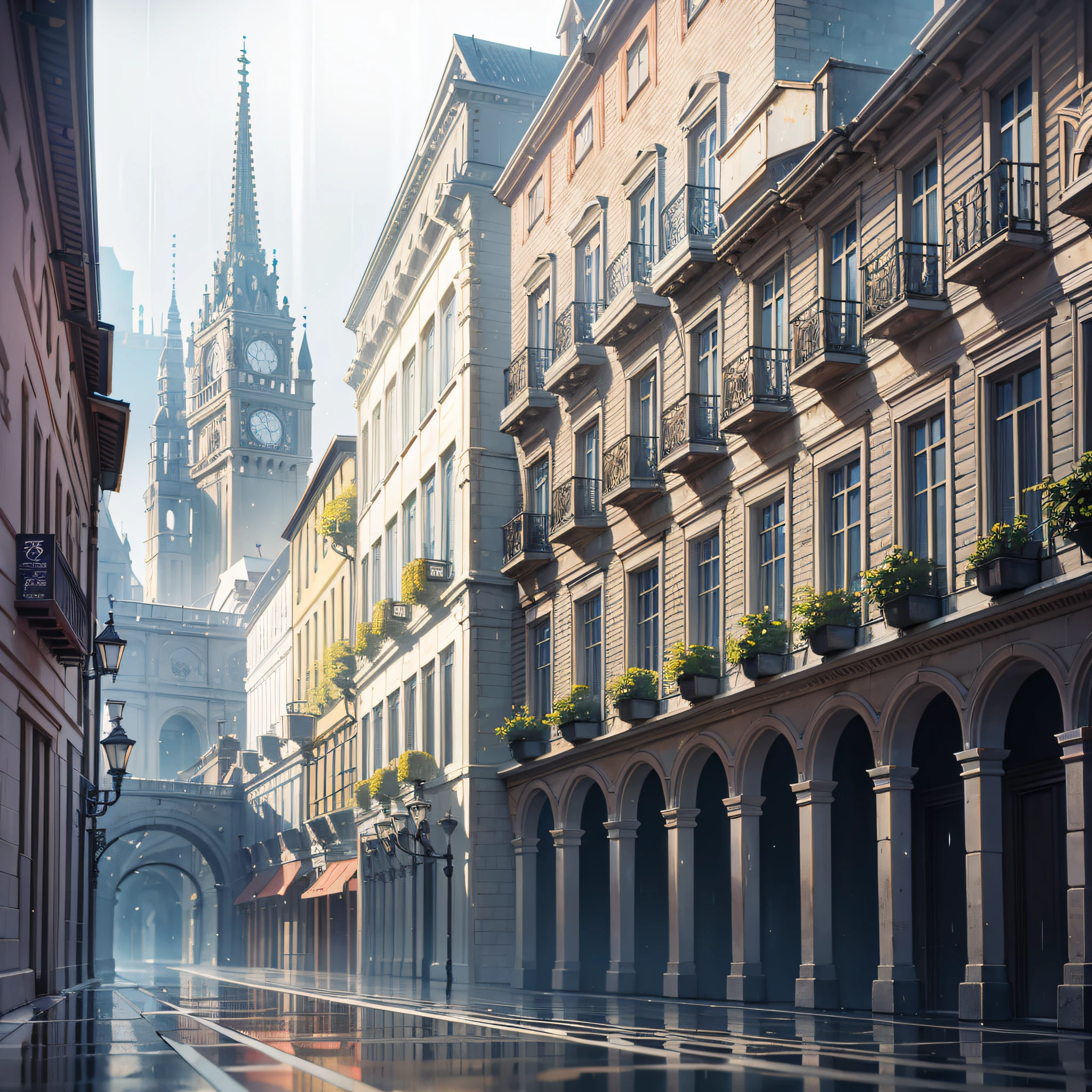 Modern technology, European architecture, city streets, rainy days, European architecture, rococo style, chiaroscuro, cinematic lighting, ray tracing, Fuji color, high detail, high quality, high resolution --auto --s2