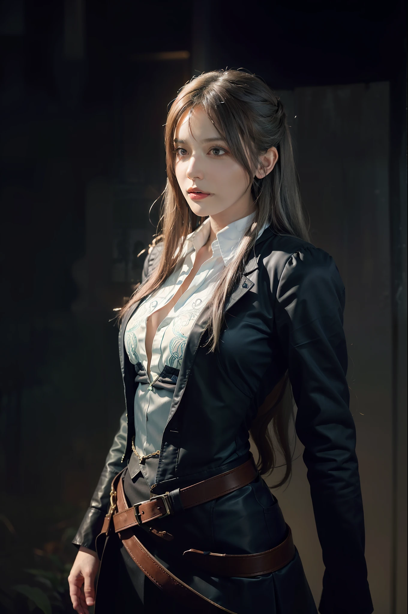 Hyperrealist portrait of female by david hockney and alphonse mucha,fantasy art, photo realistic, dynamic lighting, artstation, poster, volumetric lighting, very detailed faces, 4 k, award winning,, 1girl, in the dark, deep shadow, low key,cowboy shot,(official clothing:1.4) ,long hair,white hair,
