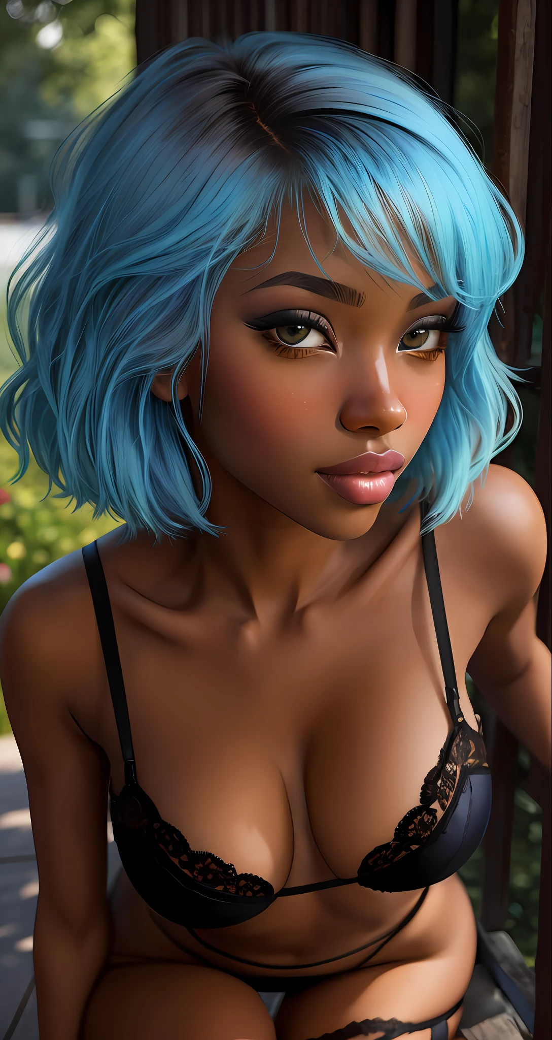 ebony woman, solo, stripper, light blue hair, bright honey eyes, detailed face, 
([stunning|Flawless|Attractive|Attractive|gorgeous|pretty]:0.8), (puffy lips :0.9),
masterpiece, professional, high quality, beautiful, amazing, Easy on the eyes, 10 out of 10, gothic, Getty Images, miko, giant,
photoshoot, 4k, realistic, detailed background, abhorrent, real life, by Walter Beach Humphrey, by Pierre Bonnard,