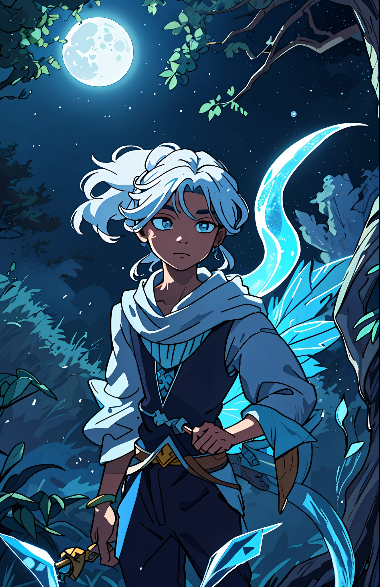 Luegui, a young half-Wizard and half-Fairy, has the power of water and the moon, his black skin glows in the moonlight, his silver eyes, show to anyone his power linked to the moon, his crystal blue hair, had a silver lock.