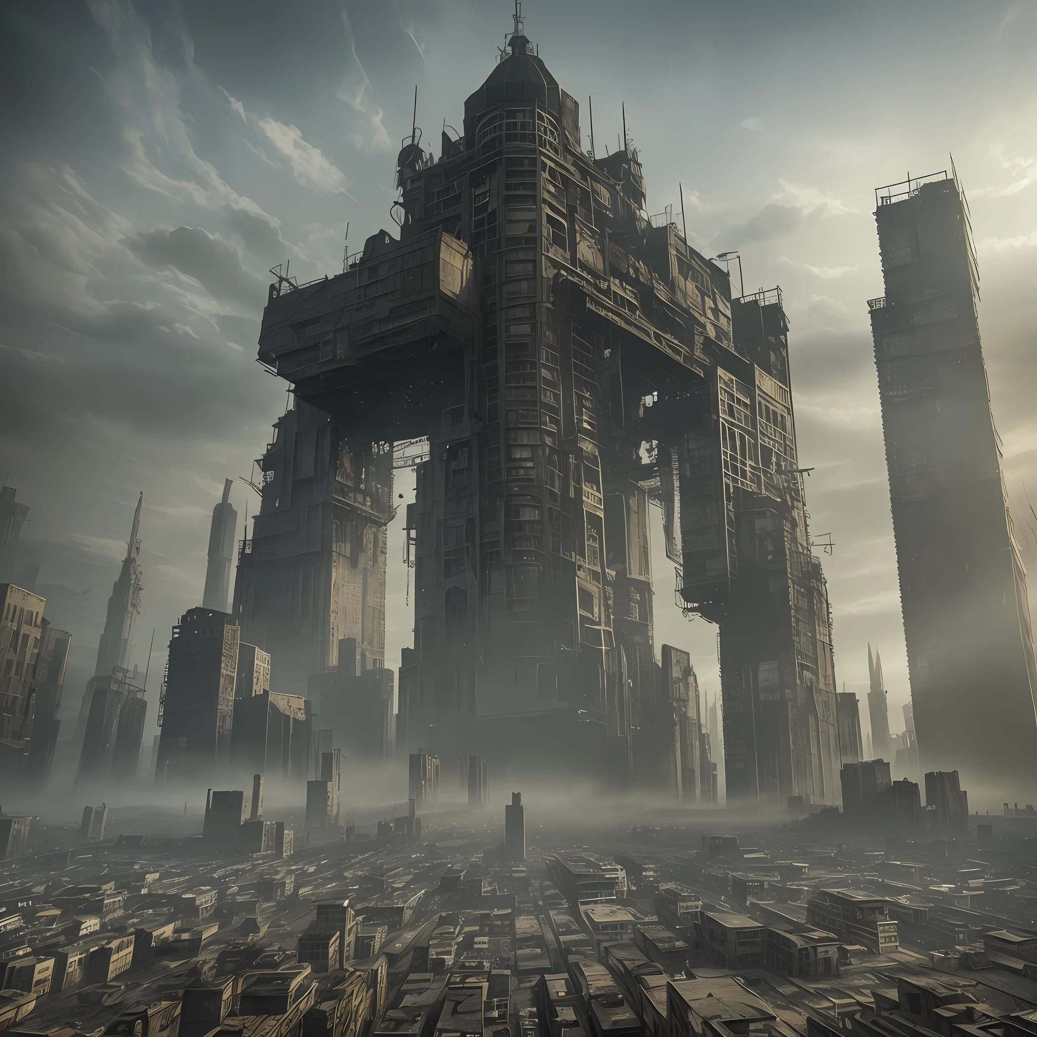 Apocalyptic City, dystopia, nothing is well, madness, H.P Lovecraft, dark background with caustics, fog, smoke, 4k