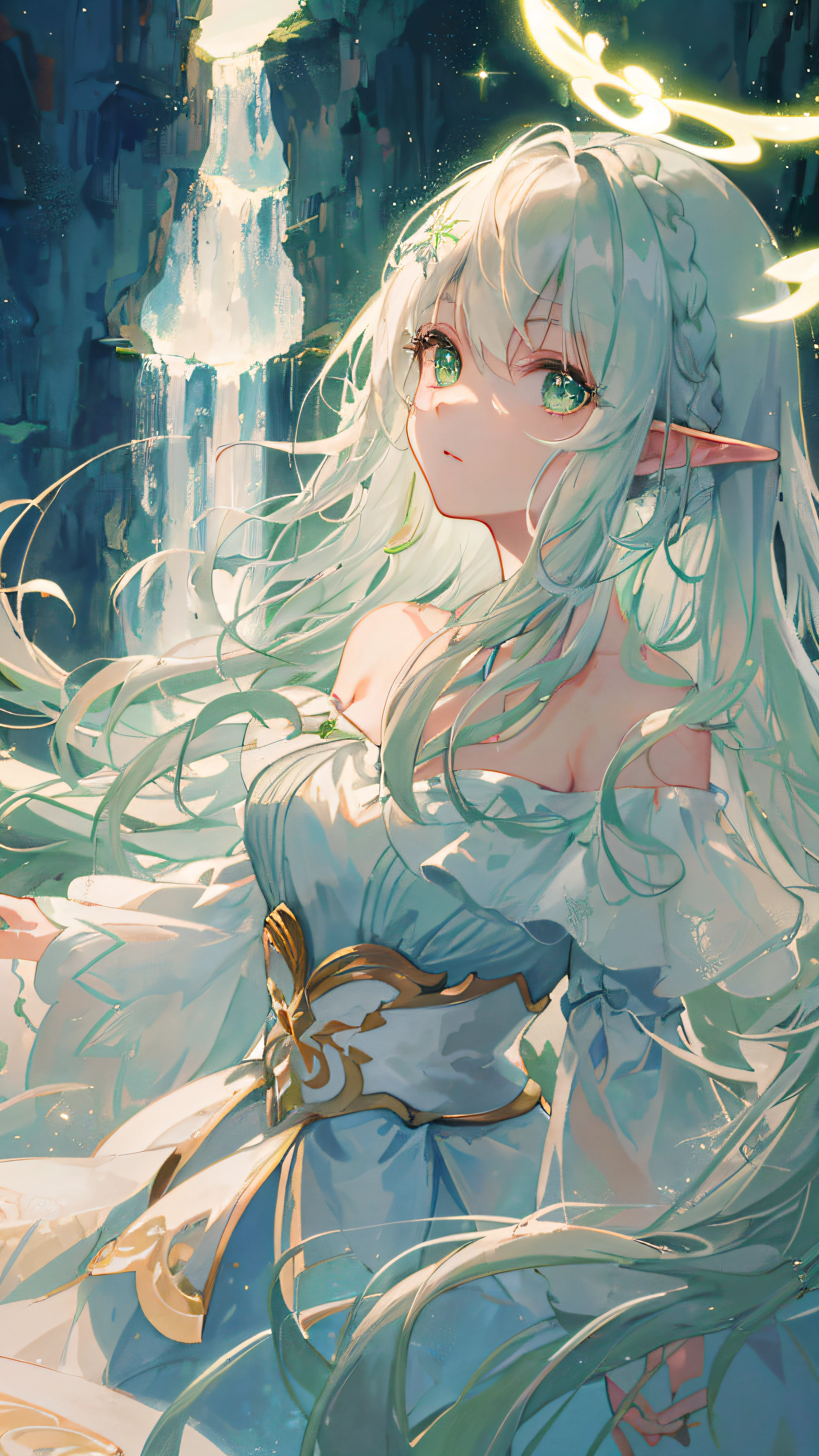 Masterpiece, Superb Painting, Illustration, 1girl, Cute, (Dynamic Light: 1.2), Cinematic Light, Delicate Facial Features, (Fine Beautiful Eyes: 1.2), (Bright Green Eyes: 1.233), Waterfall Braid, Extra-Long White Hair, Elf Ears, Depth of Field, Background Blur, Clear Focus, (Ultra Detailed, Halo, Glow: 1.4), long white hair, light green at the end of the hair, beautiful girly face, plump fair chest, (bare shoulders: 1.1), (nude: 1.1), dress, trimmed white, delicate and gorgeous, (split sleeves, wide sleeves), nahida_genshin, cleavage