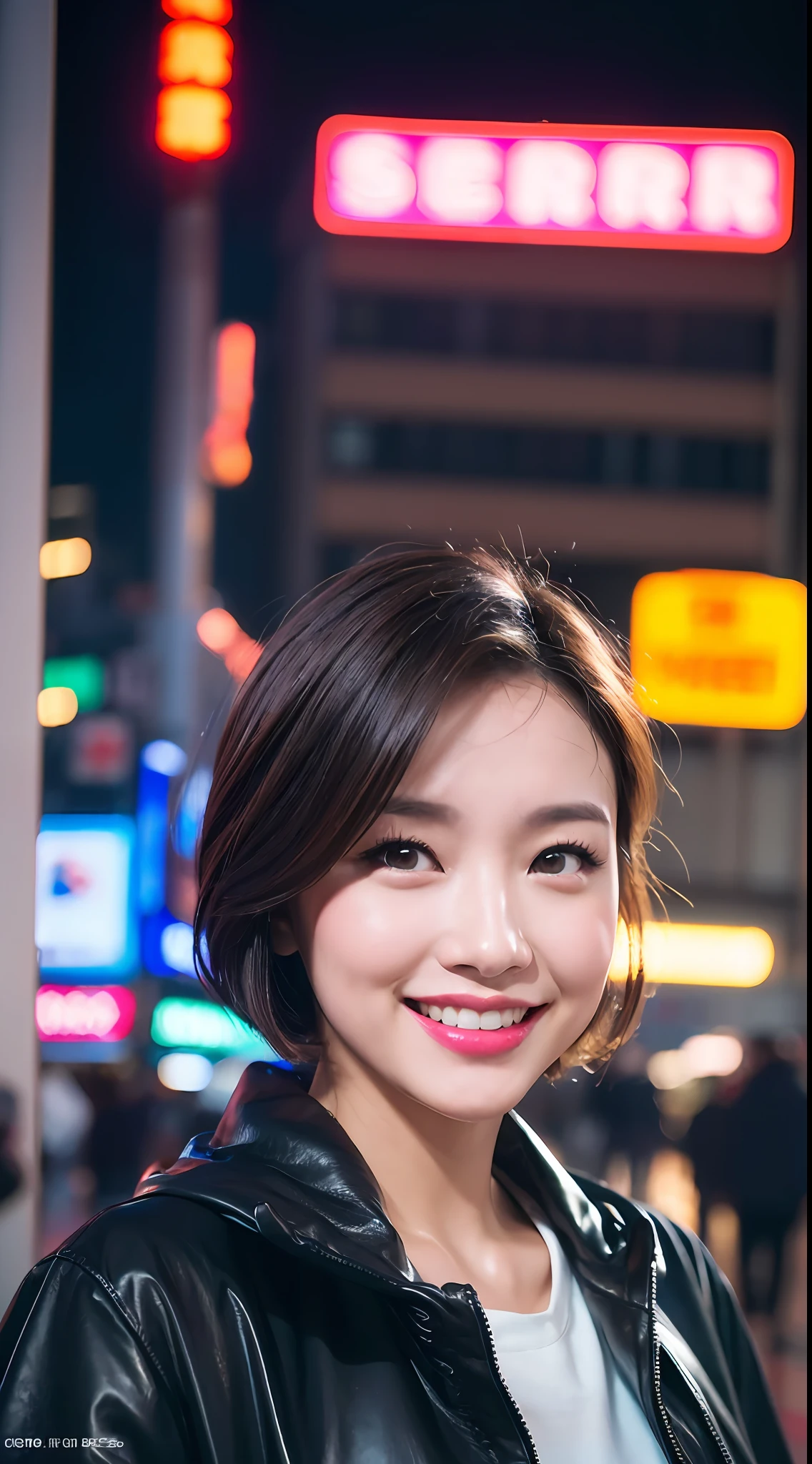 (8k, RAW Photos, Best Quality, High Resolution: 1.1), (Ultra Realistic: 1.4), (Realistic, Photorealistic: 1.3), Soft Light, Big Girl, Realistic Face, Realistic Body, Realistic Skin, Absurdity, Masterpiece, (Cute: 1.8), Cuties, Solo, (Large: 1.2), Detailed Black Eyes, Innocent Eyes, Cheeks, (Raincoat: 1.2), Cinema Light, Film Grain, (((Short Bob Hair: 1.1)), Cherry Colored Lips, Close-up, Look Viewer, Upper Body, Open Lips, Upper Teeth, (Smiling Eyes: 0.6), (((grinning: 1.2)), Depth of Field, Blurred Background, Eye Focus, Bokeh, Midnight, Shinjuku, Neon Sign, Cyberpunk, Rain, 85mm Lens, f/1.4, Professional Lighting, Young, Portrait, Photon mapping, radiosity, and physically based rendering