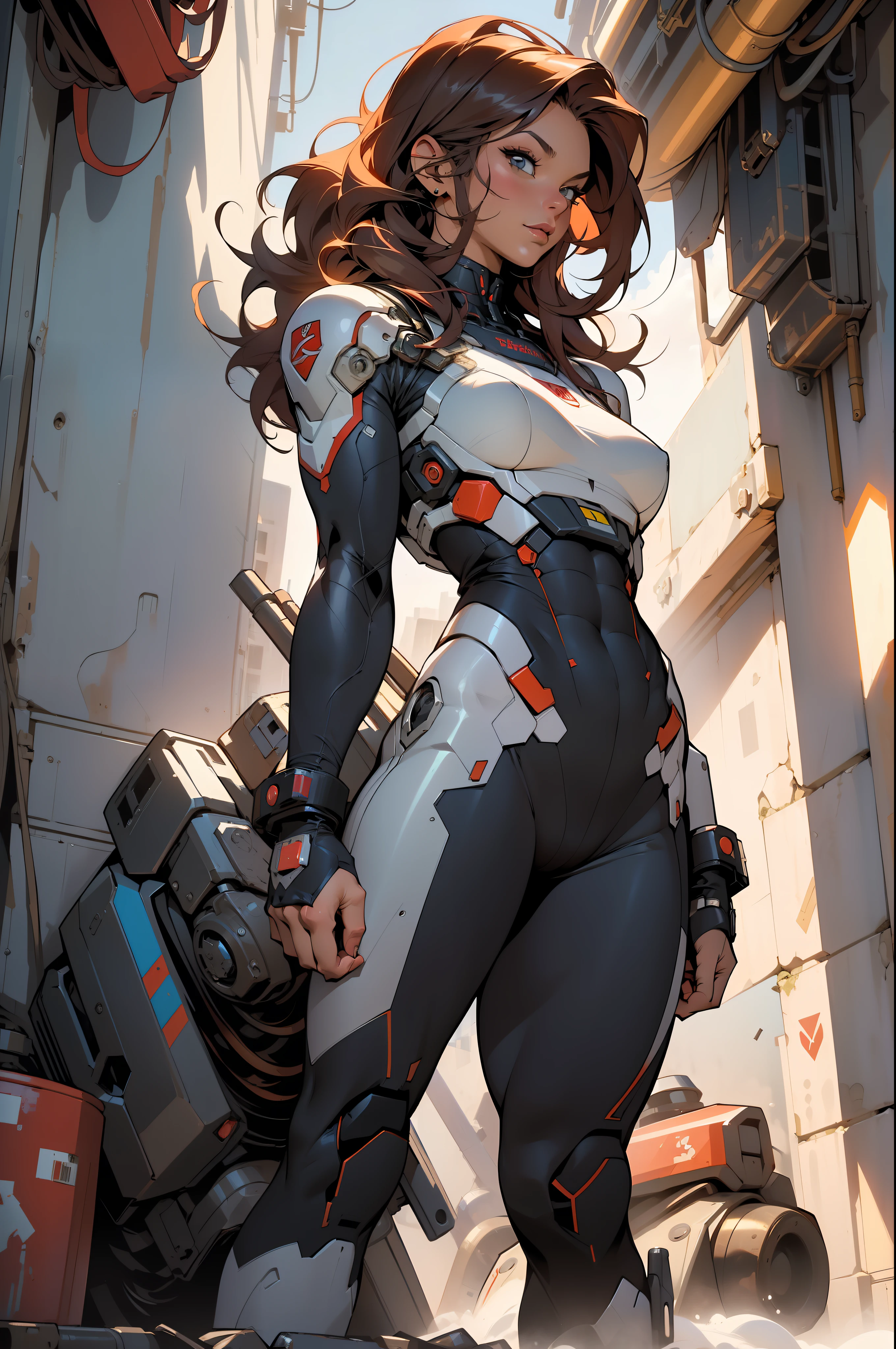 ((Best quality)), ((masterpiece)), (detailed: 1.4), (Absurd), (((full body)), (((woman))), 35-year-old woman, Beautiful muscular woman, giant robot pilot, perfect body savage, wearing little clothes, tiny thong