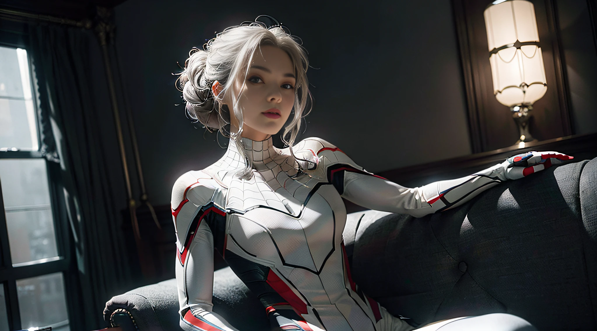 (Extreme Detail CG Unity 8K wallpaper, masterpiece, highest quality), (Exquisite lighting and shadow, highly dramatic picture, Cinematic lens effect), a girl in a white Spider-Man costume, silver gray hair color, from the Spider-Man parallel universe, Wenger, Marvel, Spider-Man, sitting on the couch, dynamic pose), (excellent detail, excellent lighting, wide angle), (excellent rendering, enough to stand out in its class), focus on white Spider-Man costumes, complex spider textures
