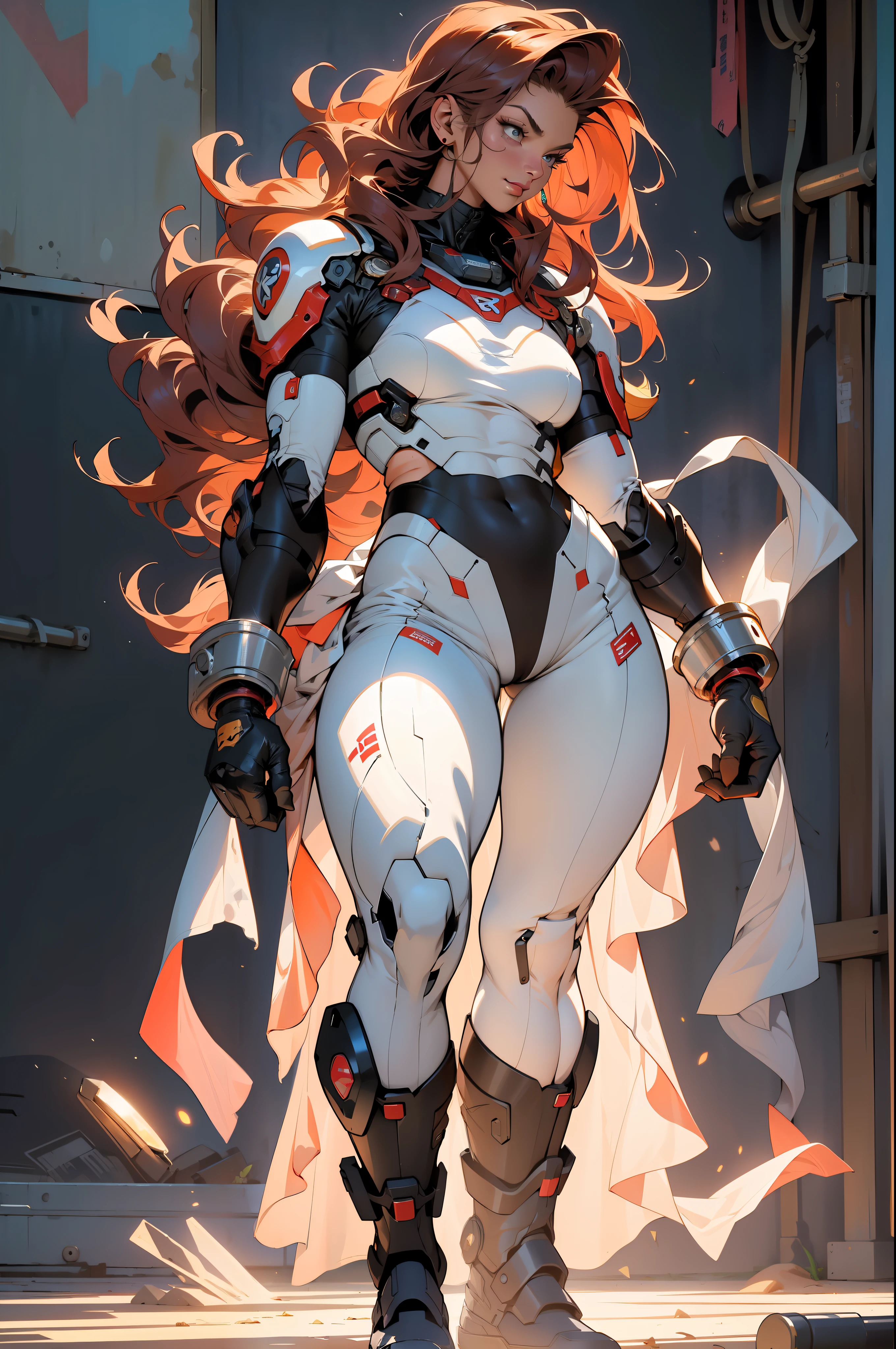 ((Best quality)), ((masterpiece)), (detailed: 1.4), (Absurd), (((full body)), (((woman))), 35-year-old woman, Beautiful muscular woman, giant robot pilot, perfect body savage, wearing little clothes, tiny thong