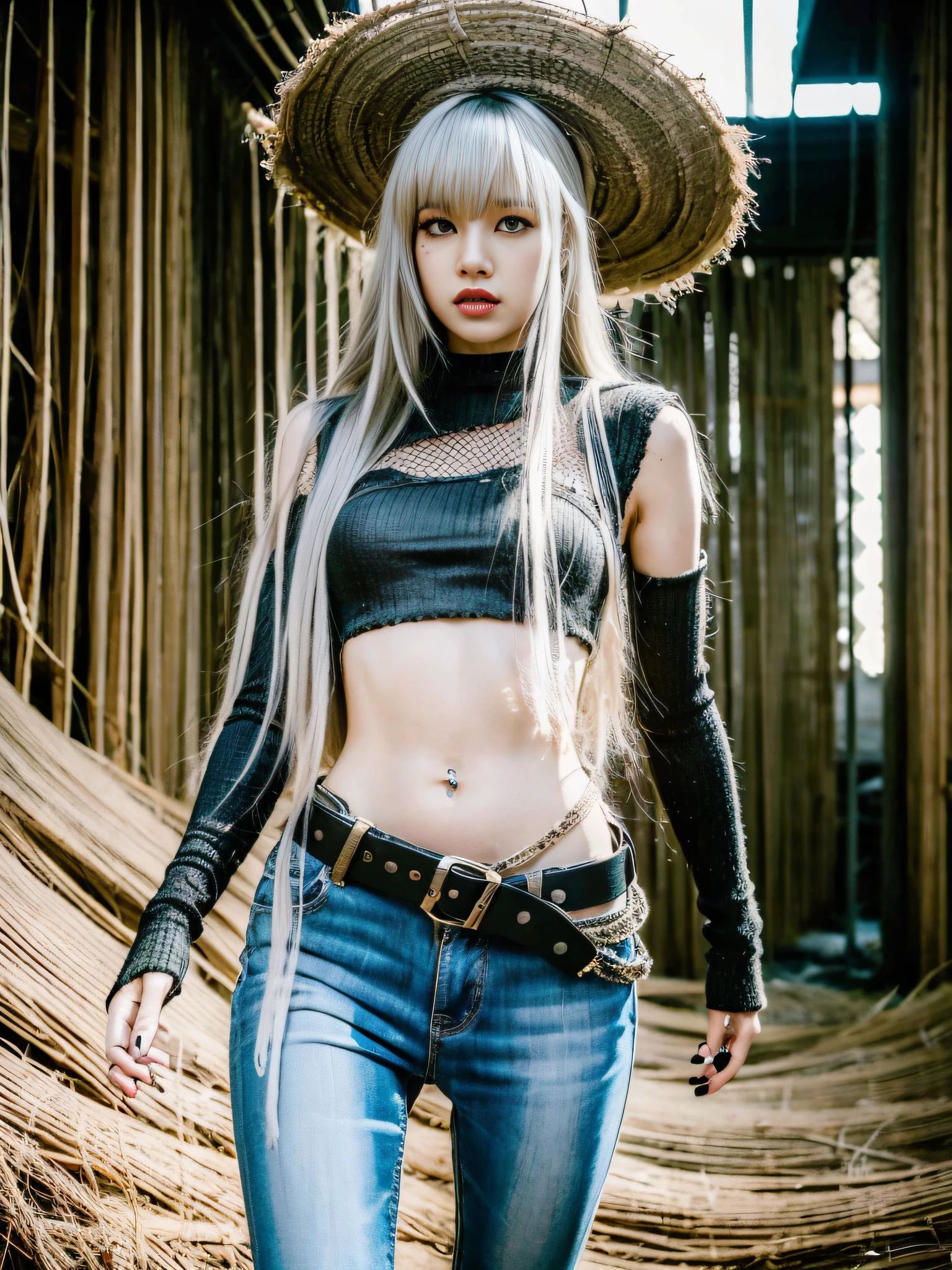 Lisa light yellow long hair, Lisa face shape, wearing wasteland punk costume, thin knitted clothing, ruins, sexy, open waist, long legs, masterpiece, excellent, realistic, HD, photography lighting, 16k