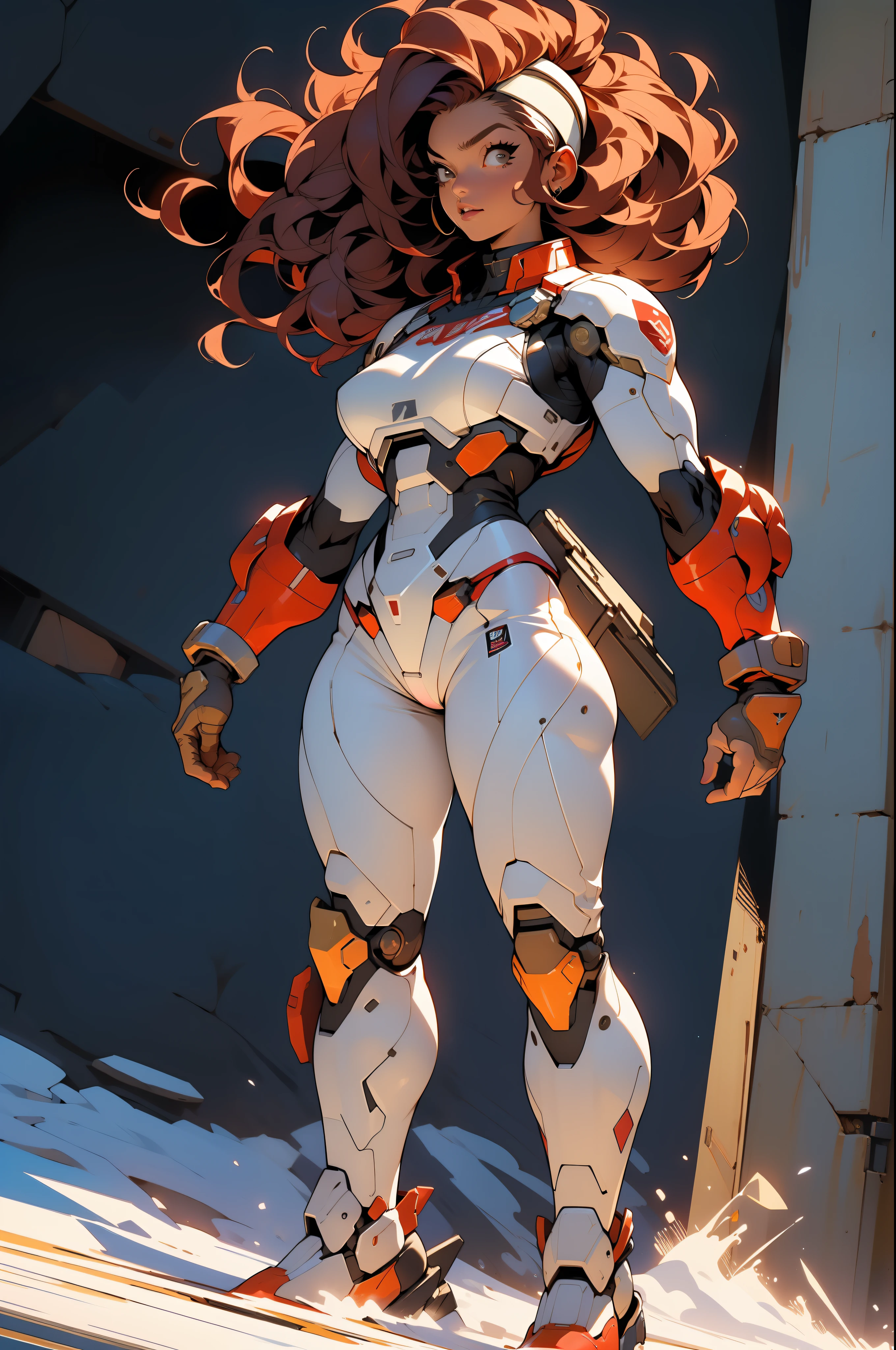 ((Best quality)), ((masterpiece)), (detailed: 1.4), (Absurd), (((full body)), (((woman))), 35-year-old woman, Beautiful muscular woman, giant robot pilot, perfect body savage, wearing little clothes, tiny thong