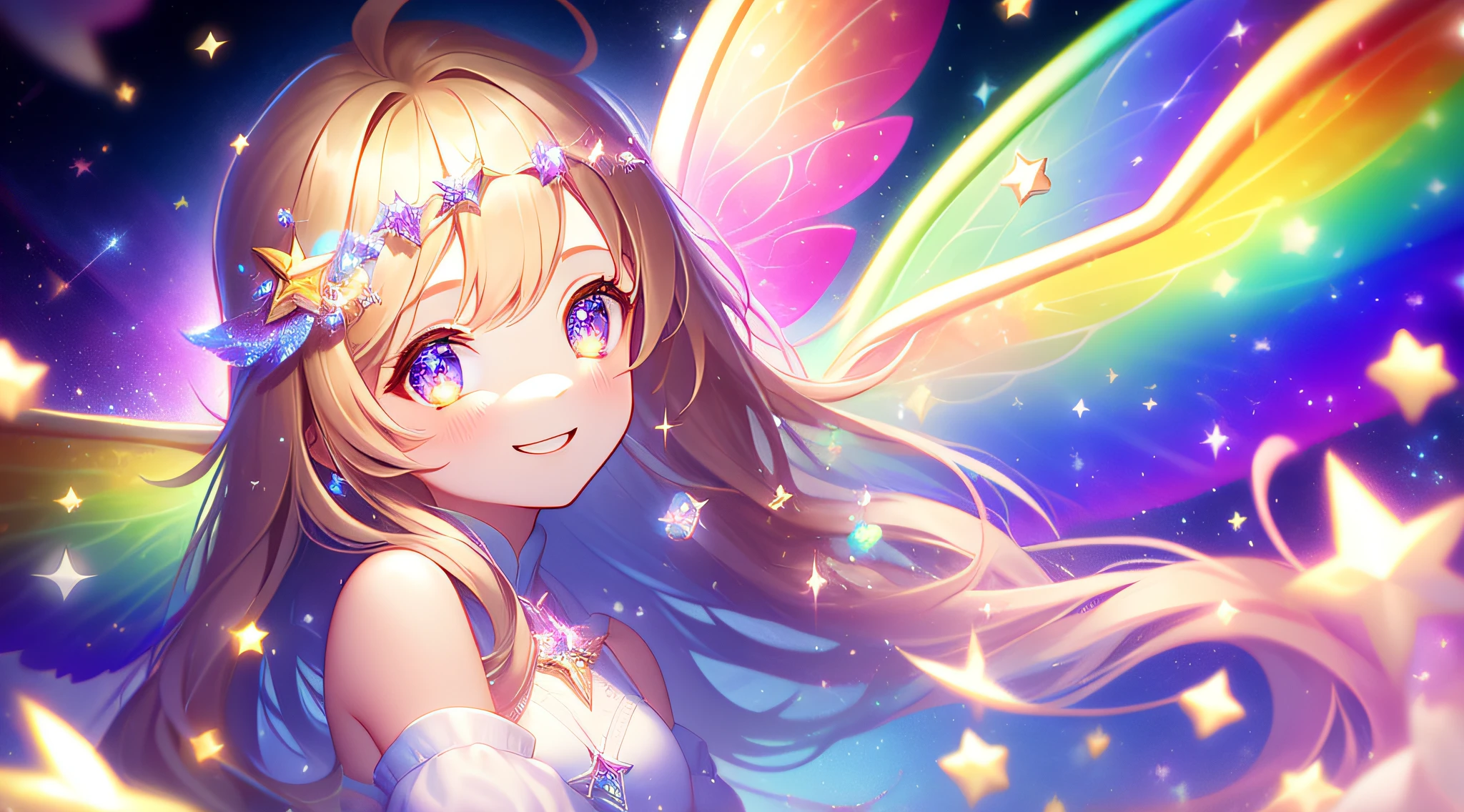 Favorite child, eye, love, eyes with twinkling stars, sparkling eyes, sparkling hearts, symmetrical fairy wings, beautiful smile, magic, mysterious worldview, spirituality, rainbow, tenderness, sparkling light, sparkle, fantasy