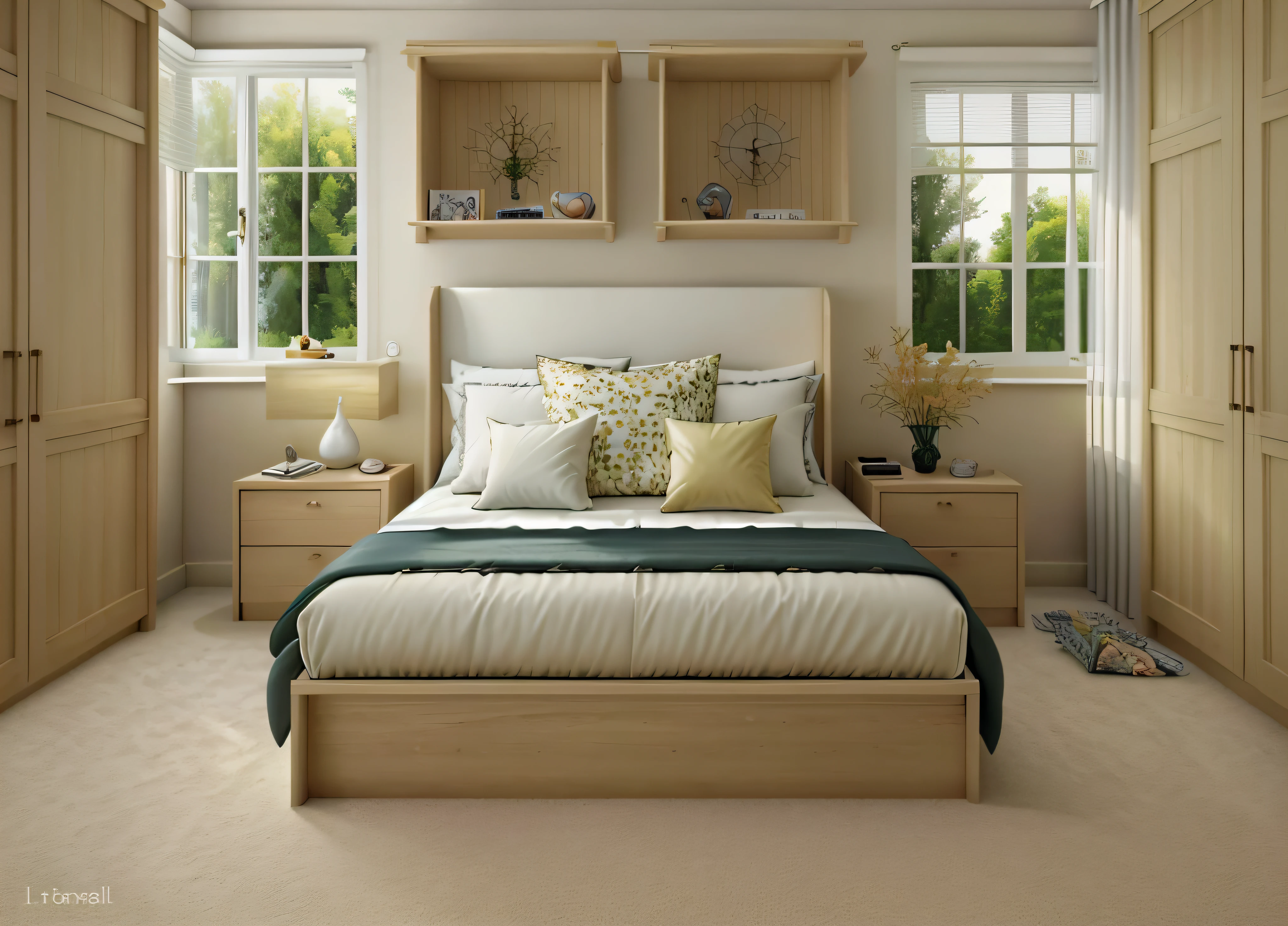 "(((Masterpiece))), highest quality, ultra-realistic, contemporary bedroom, flooded with natural light streaming through the windows. Accentuate the bed (1.2) and the cupboard (1.2), and subtly depict the low stakes (1.3) of the carpet. Don't forget to add the curtains (1.2) to complete the picture."