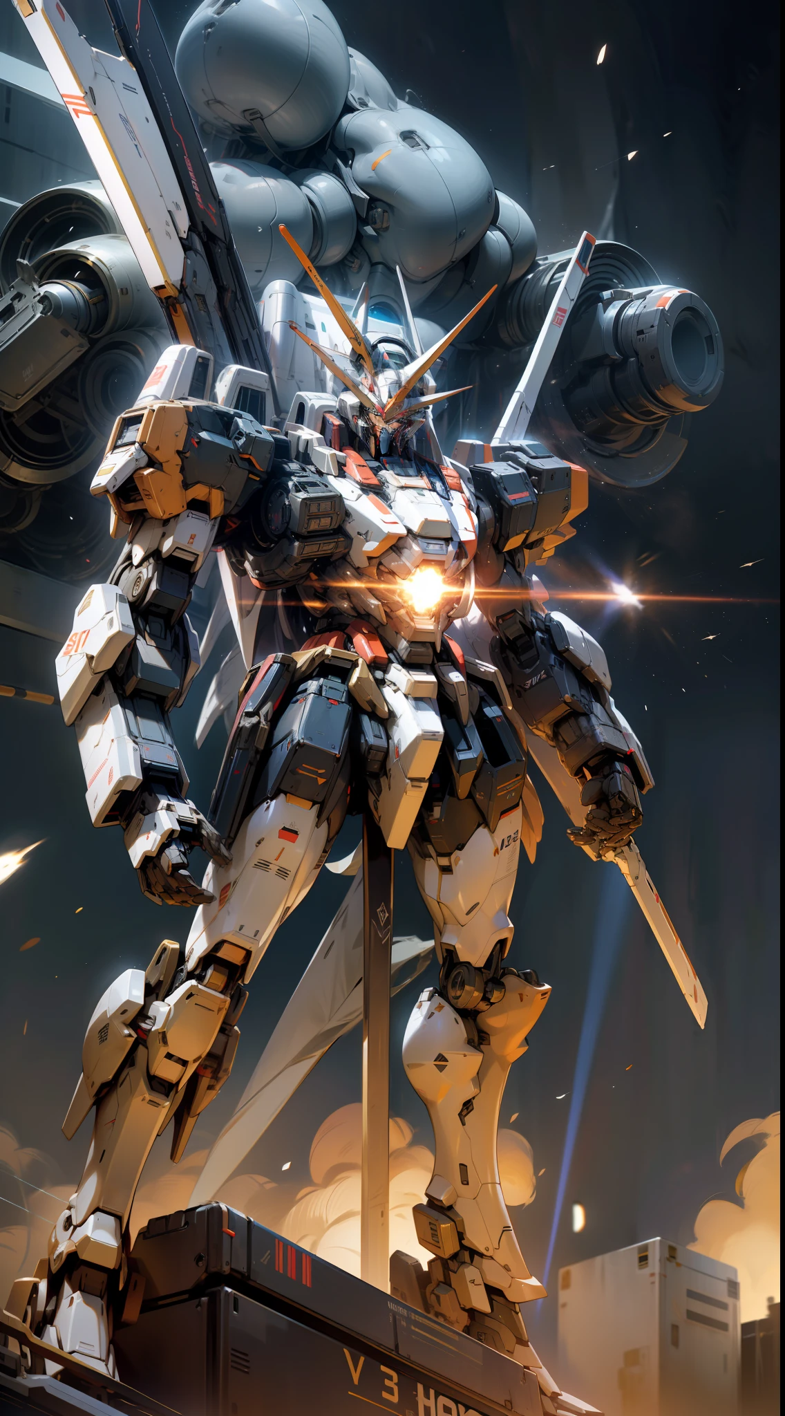 Surrealism, Ray Tracing, Photorealistic, UHD, High Detail, 32k, Best Quality, Textured Skin, Gundam Mecha, Flight, Funnel, Mecha Ship, Masterpiece, Best Quality, Mecha, Unmanned, (Full Body), (Black Mecha: 1.8), (Axisymmetric: 1.4), (HDR), (Movie Light: 1.1), White Eyes, Cool, Science Fiction, Fire, Universe, oversized shield, mecha man overlooking the background of the earth, with laser cannon beams, wars, conflicts, weapons in hand (has a huge weapon: 1.5),
