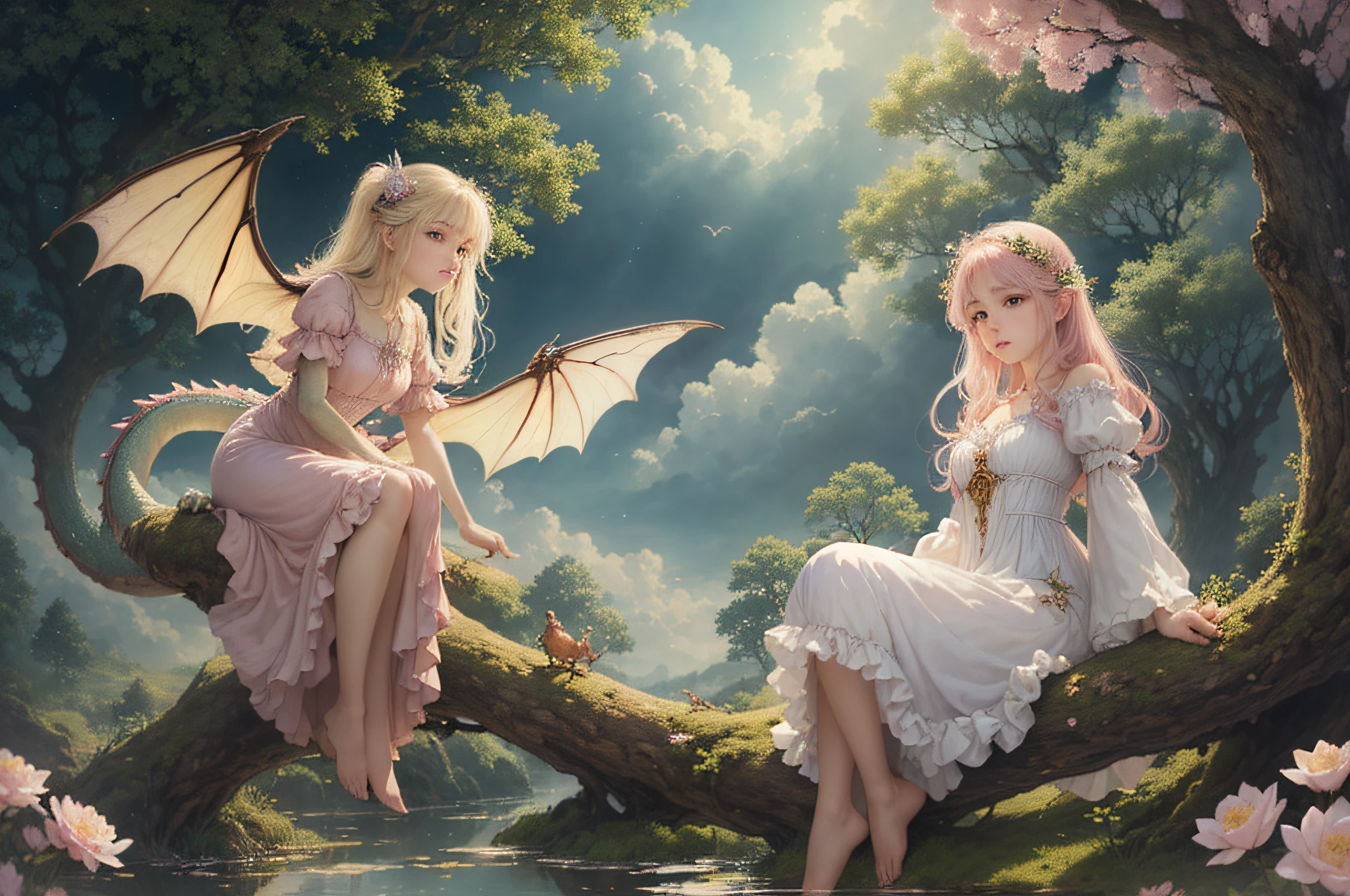 ((best quality)), ((masterpiece)), (detailed), ethereal beauty, perched on a tree in pink bloom, (fantasy illustration: 1.3), charming look, captivating pose, lonely girl, along with Gnomes, Sylphs, Salamanders, Undines, supernatural charm, mystical sky, (Luis Royo:1.2), (Yoshitaka Amano:1.1), moonlit night, soft colors, (detailed cloud:1.3), (high resolution:1.2) (dragon flying in the sky) long white dress, legs dangling above the pond, long Victorian dress,