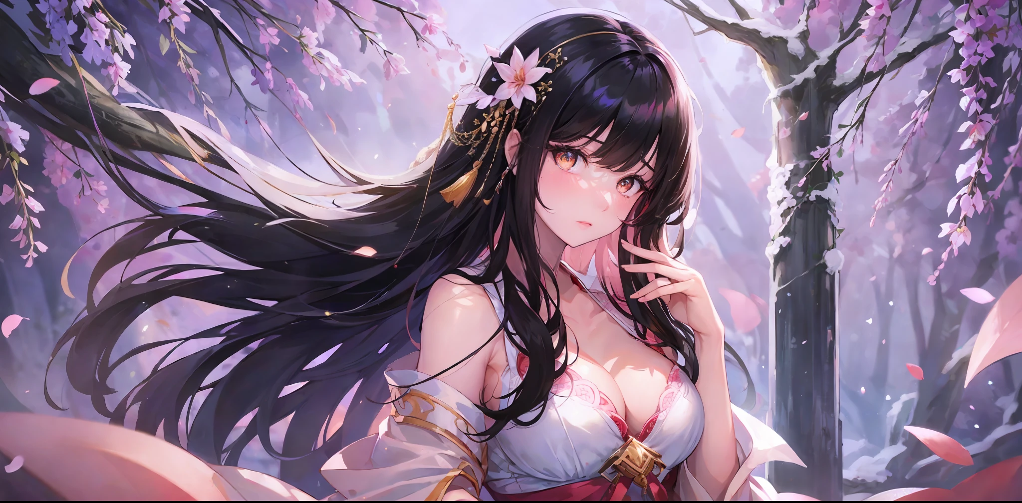 There is a woman in red dress, wild snow scene, a girl in Hanfu, Hanfu, Chinese girl, Chinese woman, Chinese style, white Hanfu, red shawl, snowing, distant scene one A peach blossom tree, full of peach blossoms, a few villages of peach blossoms stretching down from the close-up view, a lot of peach petals floating in the air, heavy snow with goose feathers, 2 colorful butterflies flying, traditional Chinese clothing, cover photo Du's portrait Juan, portrait photo, China Princess, wearing red cheongsam, inspired by Tang Yifen, black haired goddess, beautiful brunette girl, oriental girl, master work, best picture quality, higher quality, high detail, super high resolution, 8k resolution, depth of field, Cinematography, Intricate detail, Elaborate, Meticulous, Magnificent, Maximum detail, Extreme beauty, (((1girl, solo))), 18age, Long hair, multicolor hair, White skin, Realistic, Masterpiece, (best picture quality), higher quality, high detail, super high resolution, panorama, exquisite facial features, perfect face, glowing skin, dreamy background, women, girls, angels, mini girls, goddesses, poets, shy, Surprise, shoulder-length hair, black hair, sharp and clear focus, three-dimensional silhouette, correct proportions, realistic portrait, face close-up, a very temperamental beautiful girl, slender figure, exquisite facial features, flowing long hair, Black hair, extremely detailed hair description, (collarbone), perfect face, clean and flawless face, long eyelashes, light pink eye shadow, shallow dimples, blush, watery big eyes crystal clear, delicate cream Glowing skin like skin, detailed skin details, CFG scale: 8,(A beautiful girl with large breasts and a wisteria flower in her hair),(she wears a white bikini and has her lips slightly parted),(her navel is visible as she stands surrounded by alraune plants), a dream-like atmosphere with vibrant colors and soft lighting, red hair, yellow detailed eyes