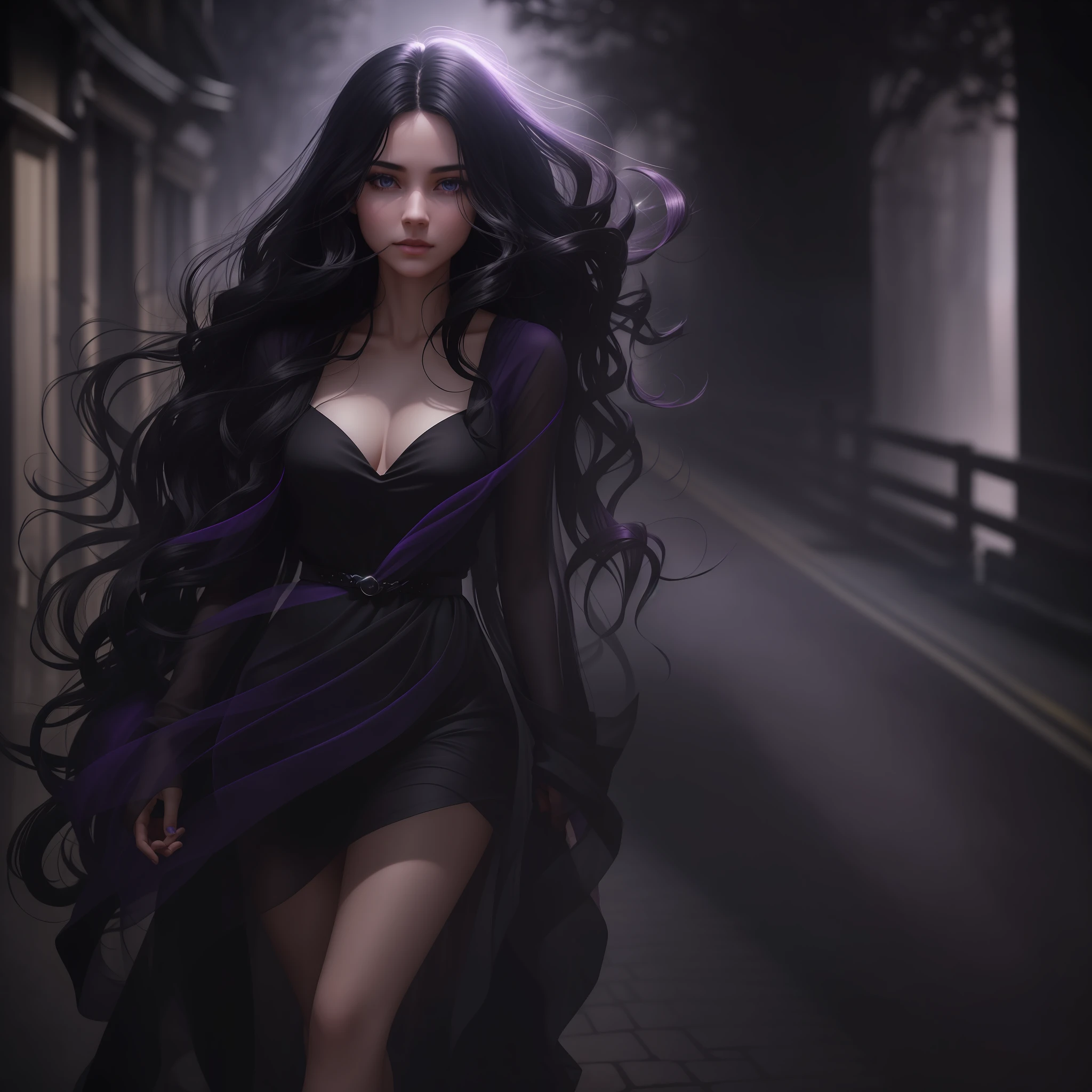 Woman walking head-on down a road at night, with fog and shadows, wavy and long black hair, detailed hand and fingers, high quality, ultra-detailed, 8k, masterpiece, (volumetric lighting), black magic, fanciful, lilac colors, purple, black and vivid shadows on the woman's return. --auto --s2