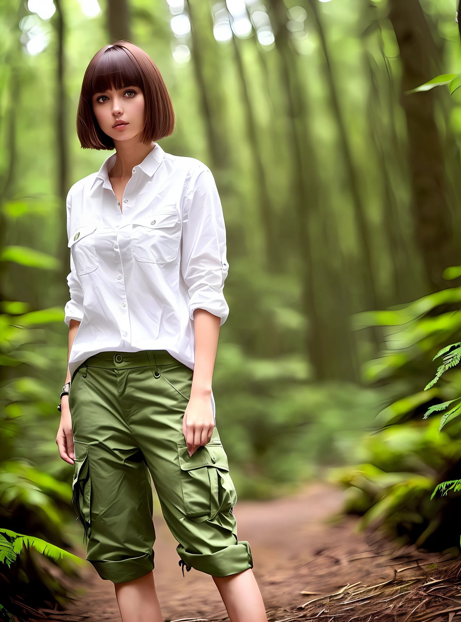 Beautiful women,  beautiful eye, wearing long white shirt, green cargo pants, converse shoe,  standing in the deep forest, bangs , bob cut , brown hair, shiny best quality, photorealistic ,f8 ,