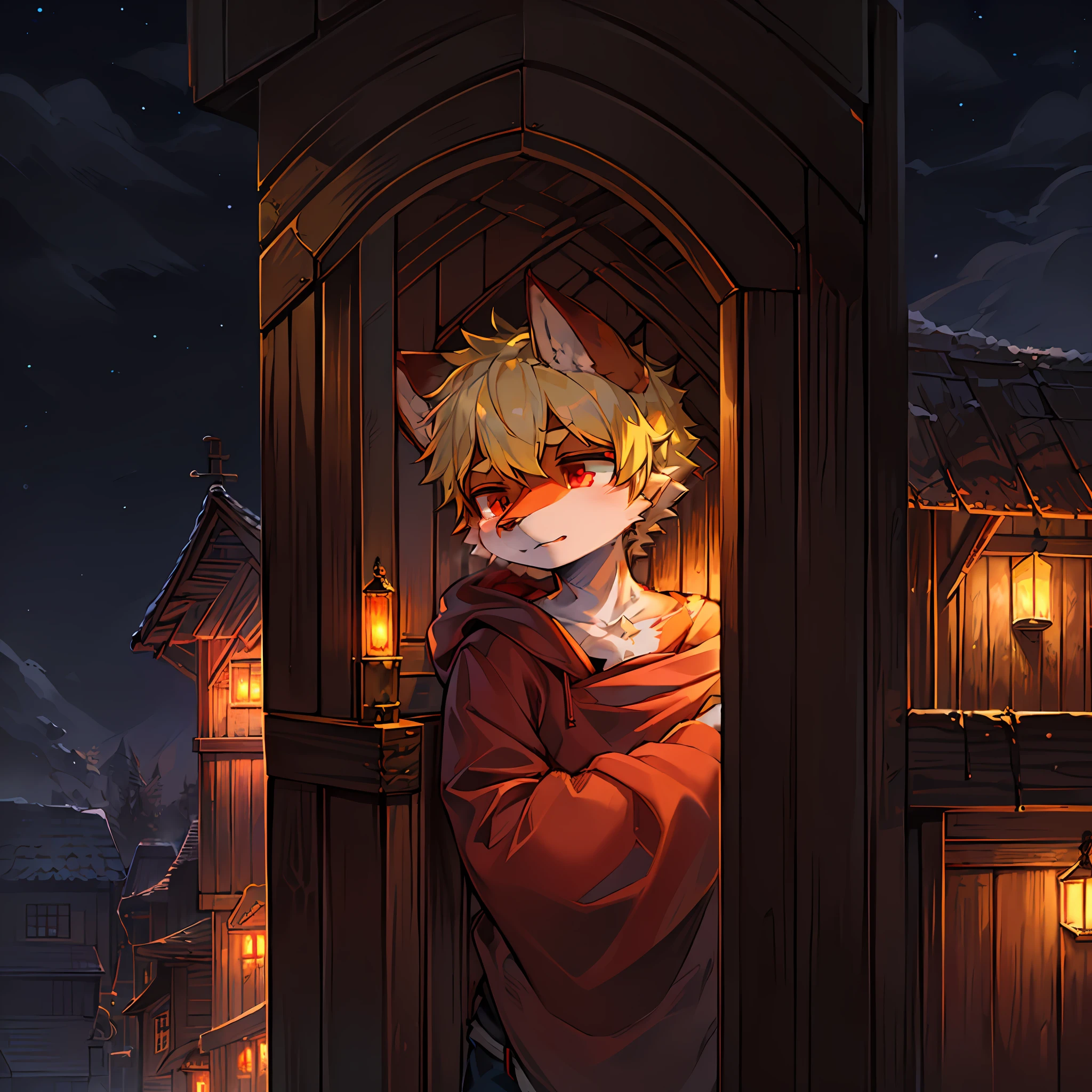 solo,1boy,anthro,furry_male,fox_boy,(red_fur:1.3),(detailed_fluffy_fur),(intricate_detail_fluffy_fur),tuft,(body_fur:1.2),oil_skin,(skin_with_fluffy_fur),tail,short_hair,red_eyes,blonde_hair,shorts,hoodie,upper_body_close-up,cowbow_shot,half-closed_eyes,expressionless,heavy_breathing,looking_at_viewer.
(Cozy_Childhood_Hideaway:1.5),night,(detailed_background,amazing_background),outdoors,scenery.