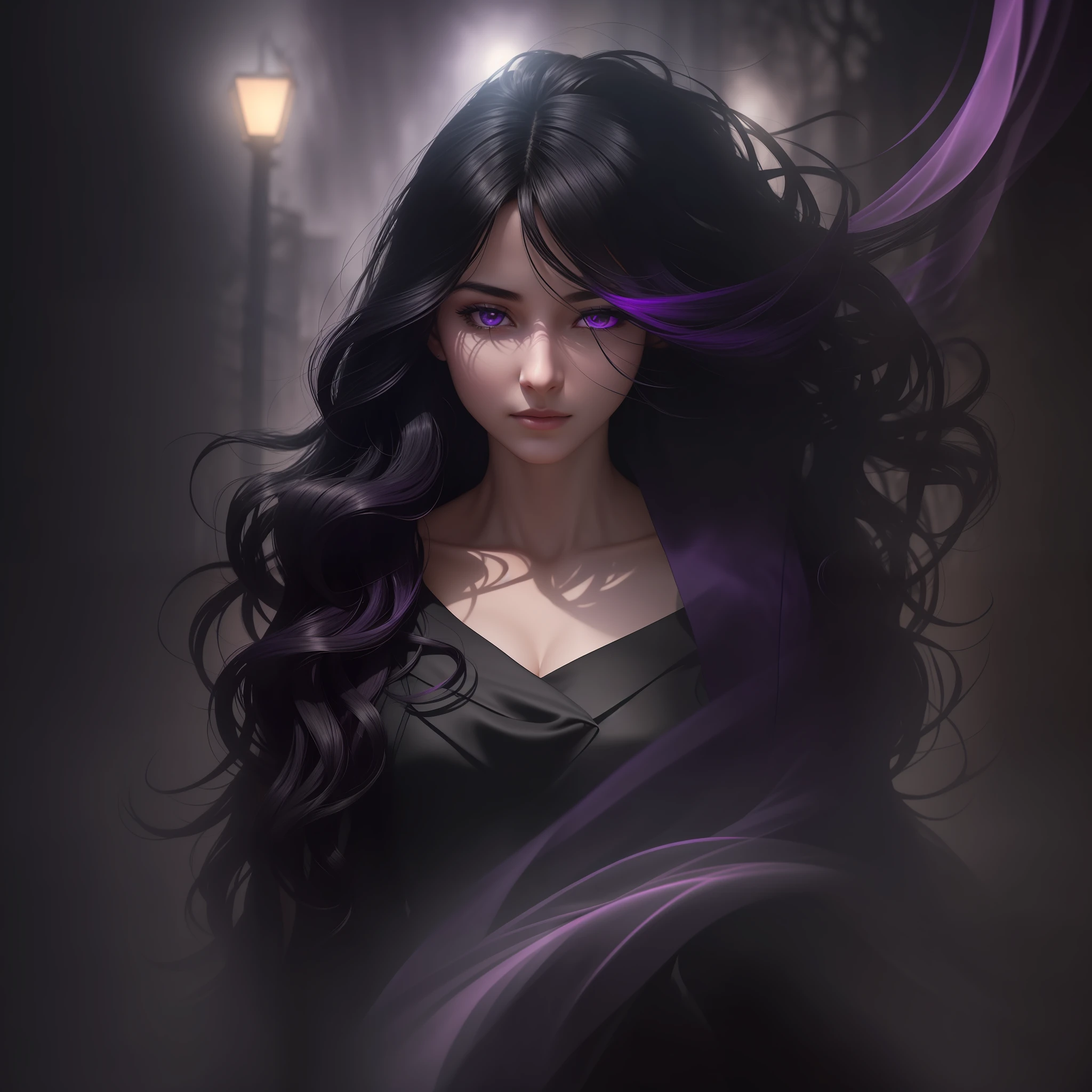 Woman walking head-on down a road at night, with fog and shadows, wavy and long black hair, detailed hand and fingers, high quality, ultra-detailed, 8k, masterpiece, (volumetric lighting), black magic, fanciful, lilac colors, purple, black and vivid shadows on the woman's return. --auto --s2