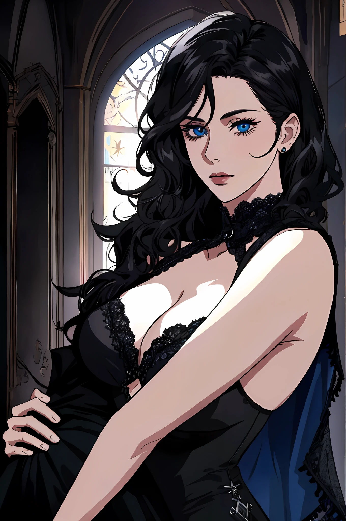 (masterpiece, best quality), man holding woman in arms, adult, handsome, high muscular face, broad shoulders, black clothing, finely detailed eyes and detailed face, extremely detailed CG unit 8k wallpaper, intricate details, very short hair, white hair, bright blue eyes, gothic castle background, gothic room background, cinematic light, backlighting, bright white particles, flare lens, woman wavy black hair, black dress