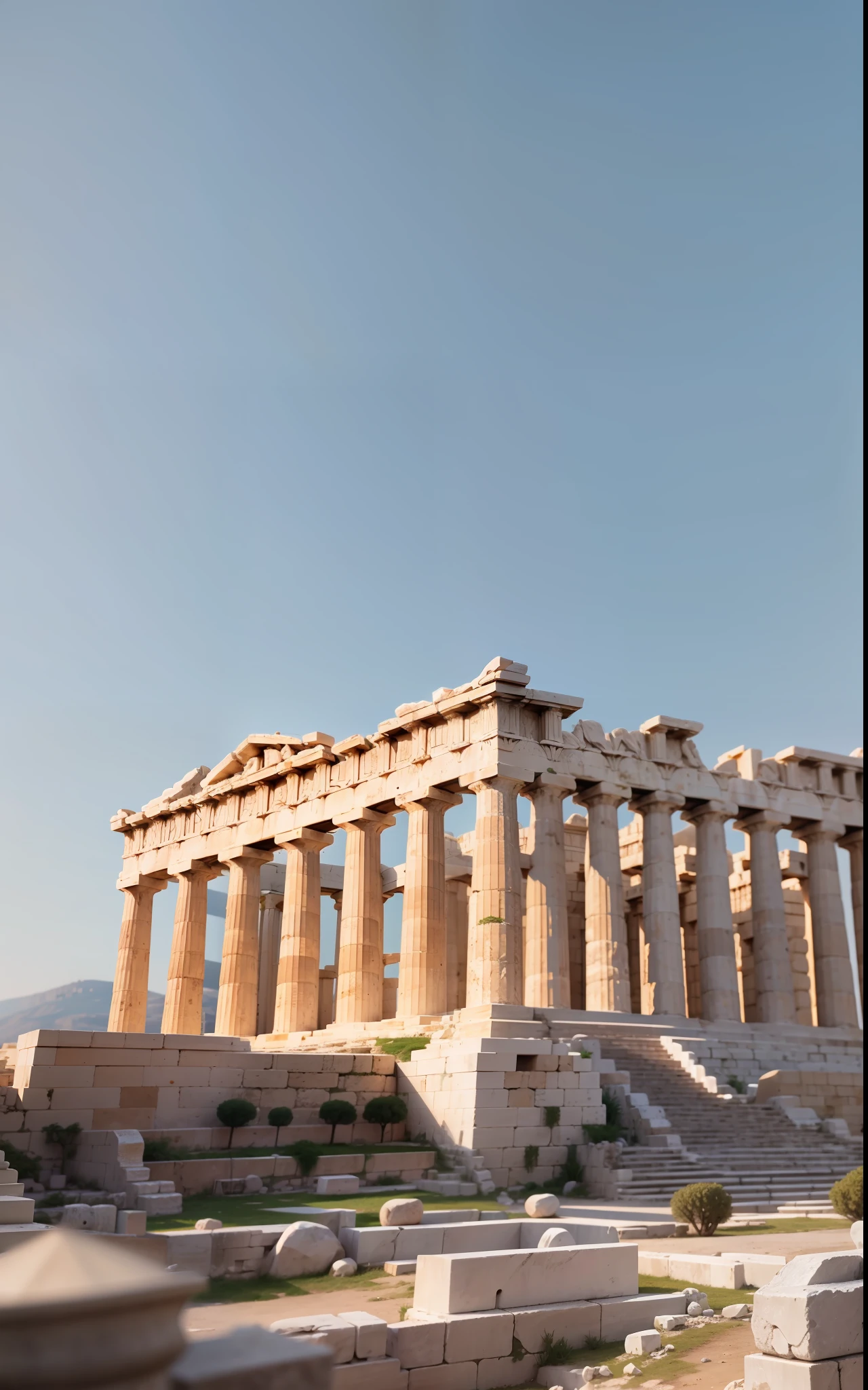 Close-up shot, 55mm Canon lens, volumetric lighting, Fujifilm XT3 lens, reformed Greek Acropolis, day, clear sky, classical Greek buildings, ancient Greece, high resolution image, detailed texture, realistic depth of field --auto --s2