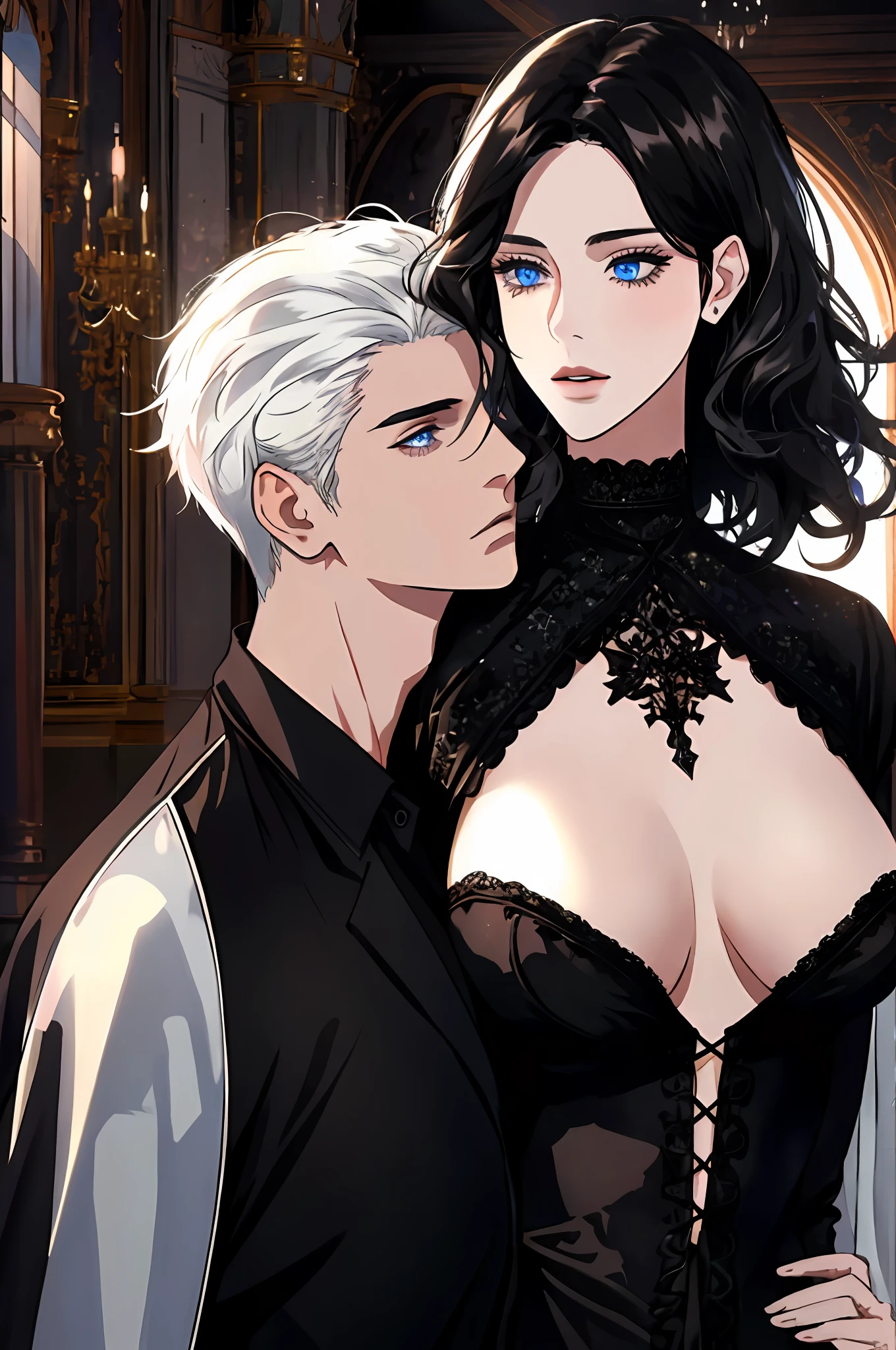 (masterpiece, best quality), man holding woman in arms, adult, handsome, high muscular face, broad shoulders, black clothing, finely detailed eyes and detailed face, extremely detailed CG unit 8k wallpaper, intricate details, very short hair, white hair, bright blue eyes, gothic castle background, gothic room background, cinematic light, backlighting, bright white particles, flare lens, woman wavy black hair,  black dress