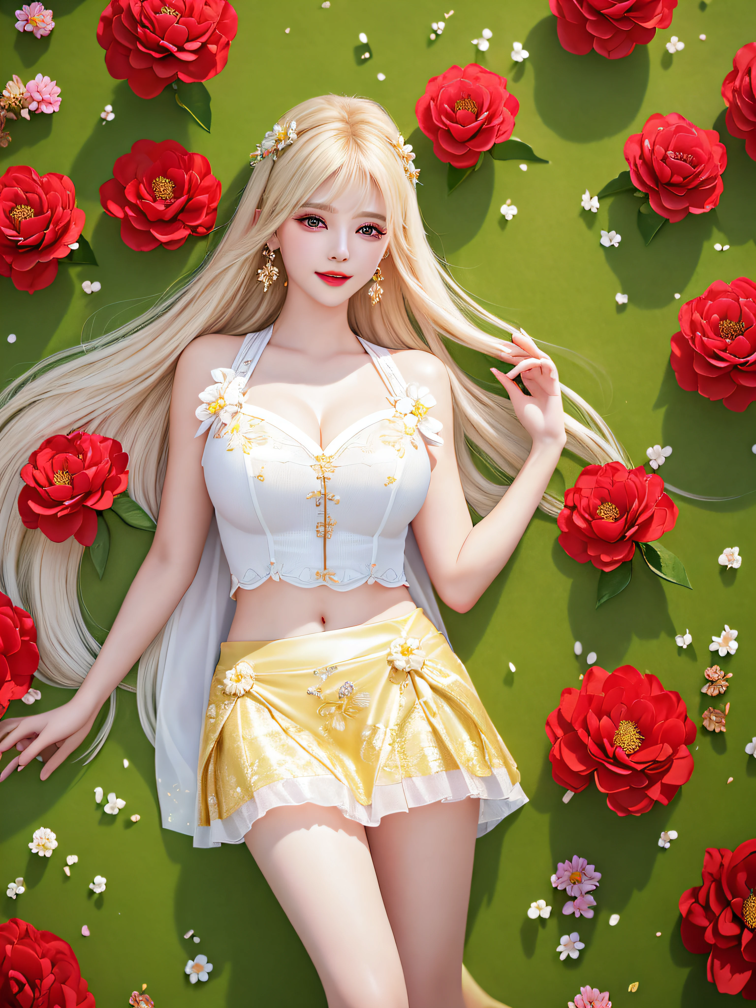 ((Female teacher lying in the flower garden)))) v6, earrings, full body v6, (long golden white hair), translucent clothes, look, superb, ultra high definition, RAW photography, realism 1.25), (bright lip gloss, long eyelashes, smooth) face, bright skin, natural shadows, wide light, wide light, depth of field, strong colors, subtle caustics: 0.8), smile, (big), v6 ( Bra made of red flowers in transparent white, miniskirt,))), sleeveless, lower body slender, behind the woman, there are various beautiful flowers (absurd, high resolution, super detailed), ((a little dirty all over, clothes are also torn))