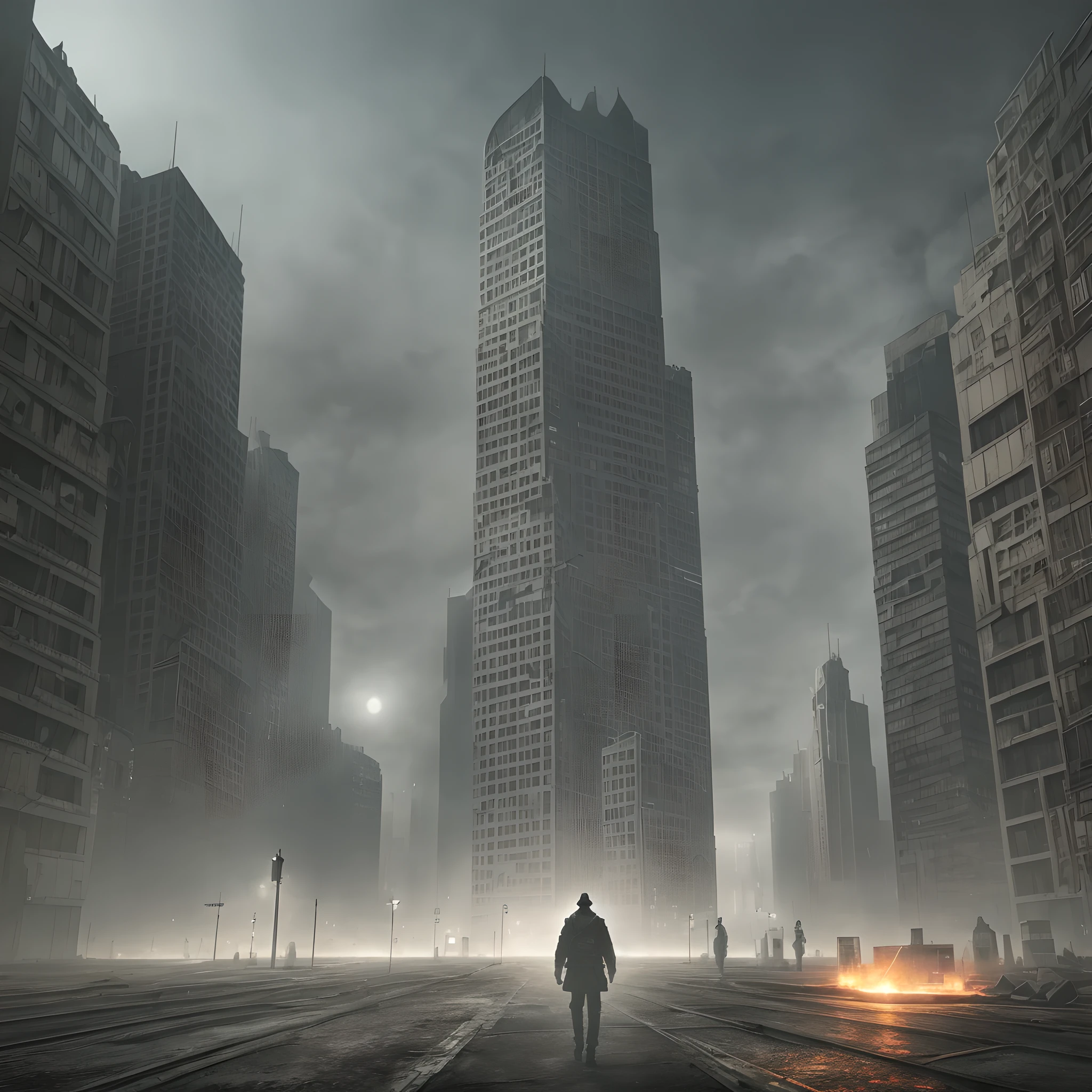 Apocalyptic City, dystopia, nothing is well, madness, H.P Lovecraft, dark background with caustics, fog, smoke, 4k