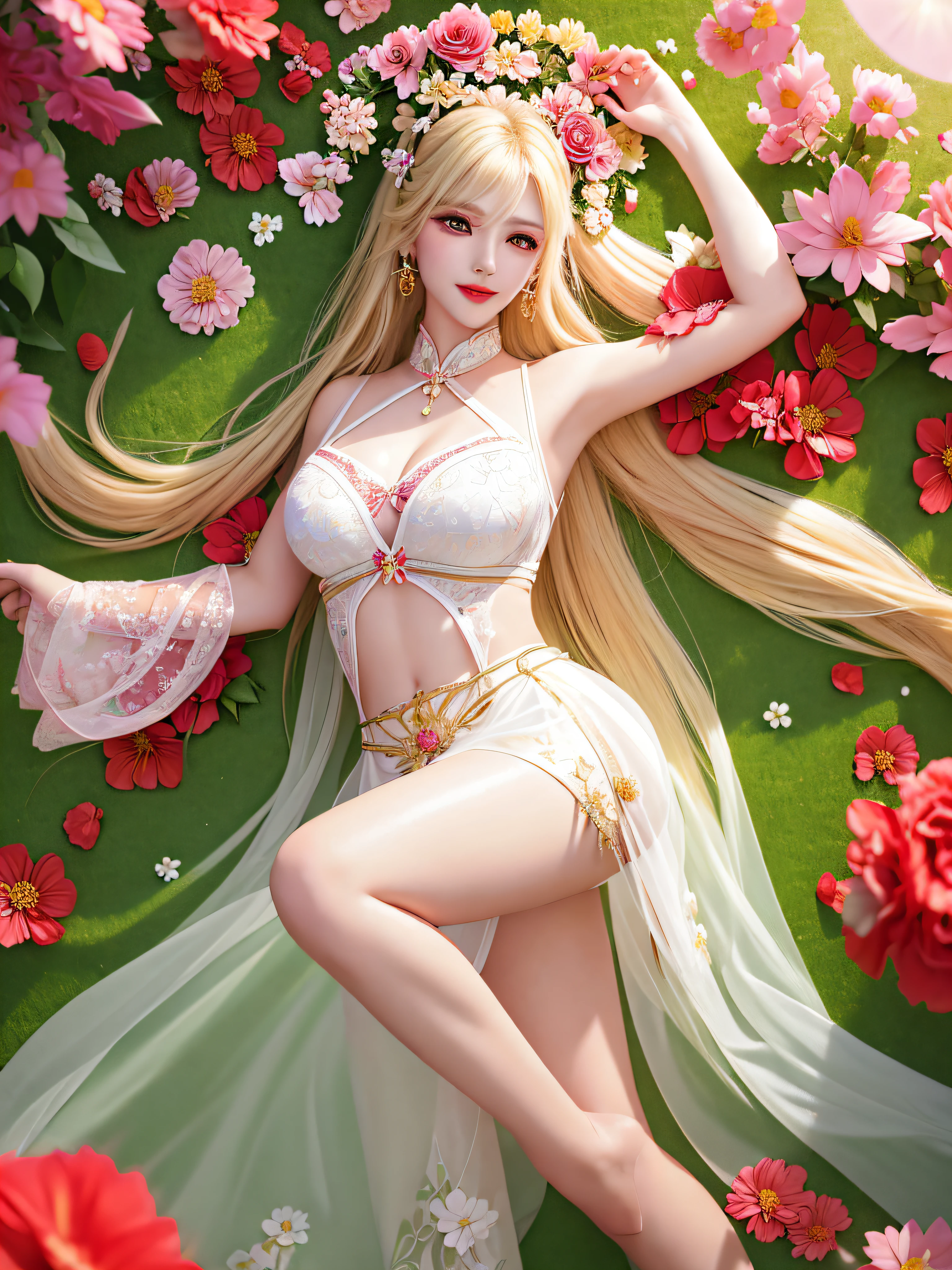 ((Female teacher lying in the flower garden)))) v6, earrings, full body v6, (long golden white hair), translucent clothes, look, superb, ultra high definition, RAW photography, realism 1.25), (bright lip gloss, long eyelashes, smooth) face, bright skin, natural shadows, wide light, wide light, depth of field, strong colors, subtle caustics: 0.8), smile, (big), v6 ( Bra made of red flowers in transparent white, miniskirt,))), sleeveless, lower body slender, behind the woman, there are various beautiful flowers (absurd, high resolution, super detailed), ((a little dirty all over, clothes are also torn))