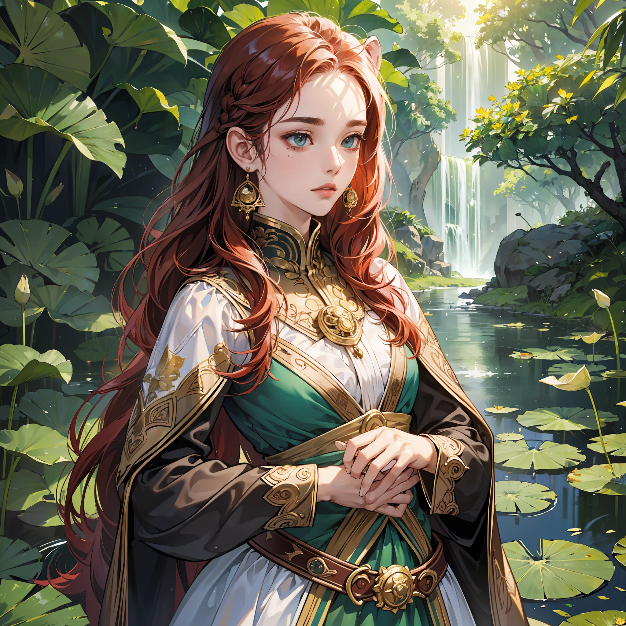 (best quality, masterpiece: 1.2), ultra high res, realistic, front lighting, intricate details, exquisite details and textures, 1girl, solo,(young), upper body, detailed face, teardrop mole, shiny skin, red hair, braided hair, looking at the viewer, big eyes, lion leather robe, (hollow pattern, white, silk), earrings, small breasts, slim body, architecture, brunette, riverside, a lotus leaf, a lotus flower, forest, professional lighting, photon mapping, radiosity, physics-based rendering, --auto --s2