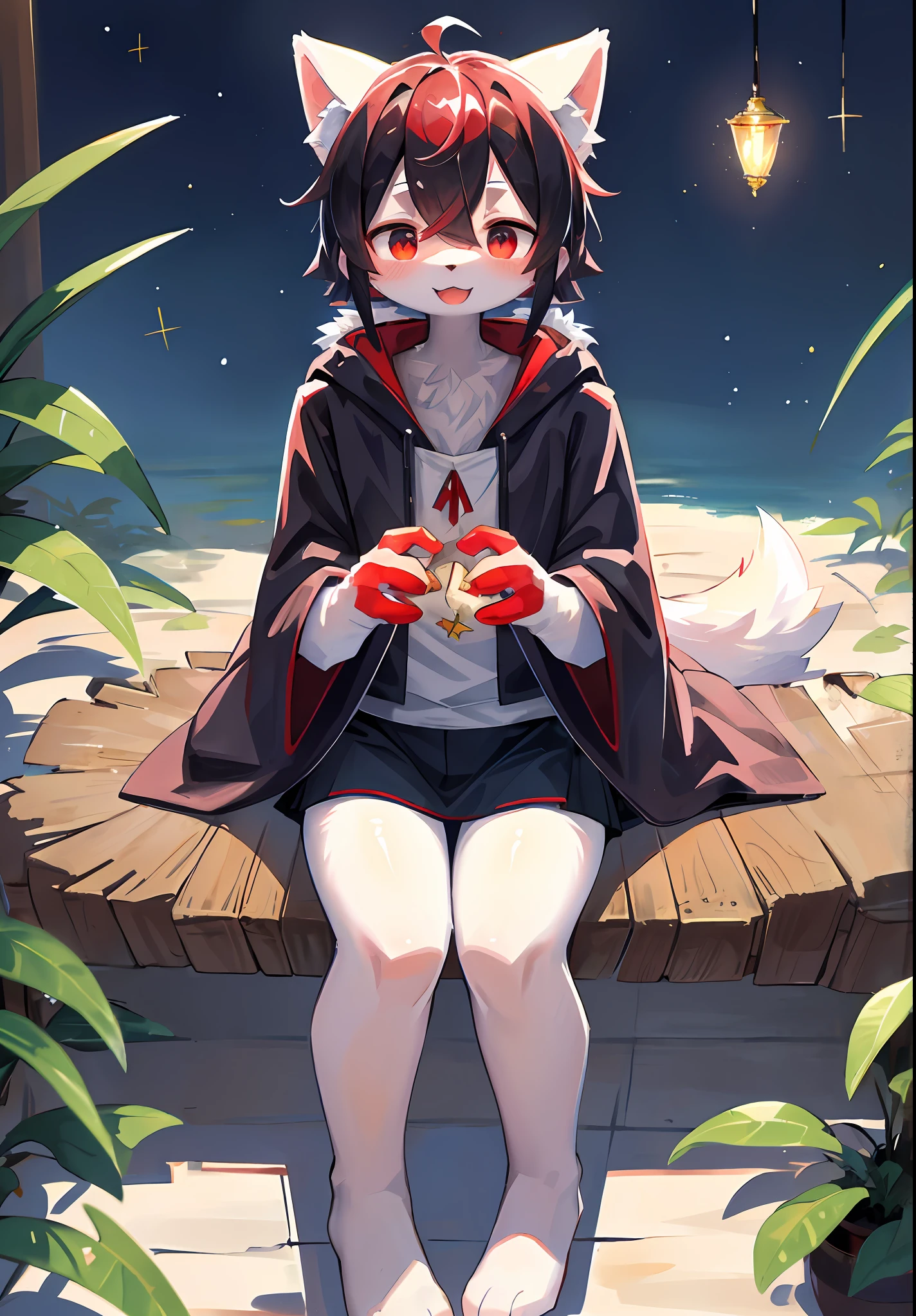 (masterpiece:1.3), (2D:1.0), (anime:1.0), (illustration:1.0), (sharp:1.2), (hard light:1.0), (shadow:1.0),(reflection, refraction:0.8), (light, dappled light, glare, lens flare, Tyndall effect: 1.0), (sharp, shiny: 1.0), (Best Quality: 1.2), (Ultra Fine: 1.0), (Extremely Complex: 1.0), (Blurred foreground, Cinematic Light, Ray Tracing: 1.1), (bright_colors, dark_intense_shadows: 1.1), (Impasto, Colorful: 1.2), (warm_light_from_below, glow_white_ particles:1.1),(Ensemble_Stars! _\(style\):0.95). wolf_boy,anthro,uploaded_on_e621,solo,upper_body,cowbow_shot,male_focus,furry_kemono,furry_male,cub,young_male,bishounen,11_years_old,kawaii,cute,fancy,fragile,cool, handsome. detailed_fluffy_fur,tuft,(white_fur,body_fur,oil_skin,skin_with_fluffy_fur:1.3),animal_nose,animal_ear_fluff,fluffy_paws,pawpads,animal_hand,fluffy_big_tail。 Black clothes, (black and red hooded cape, red and black hoodie: 1.5), short male hair, black hair, purple eyes, closed eyes, bangs, red dull hair, open mouth, smile, light blush, goggles, raised hand, holding red dagger, red metal leg ring on the thigh of the right leg is short, bottomless, (duck sitting, sitting position: 1.2), looking at the left front. (night, starry_sky, crescent_moon, star_\(sky\), gem, plant, star_\(symbol), sparkle), outdoor, landscape