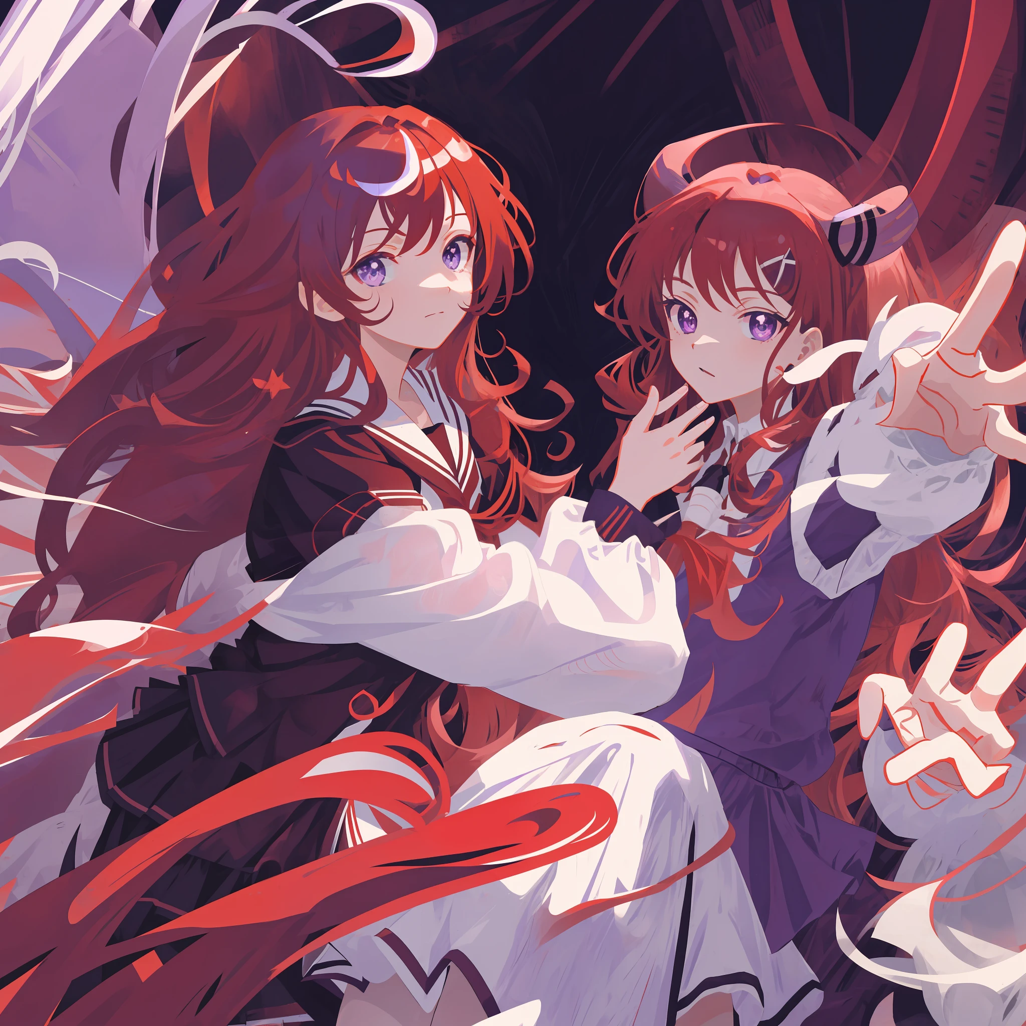 Wavy red hair
Anime
Purple eyes
Black and red school uniform