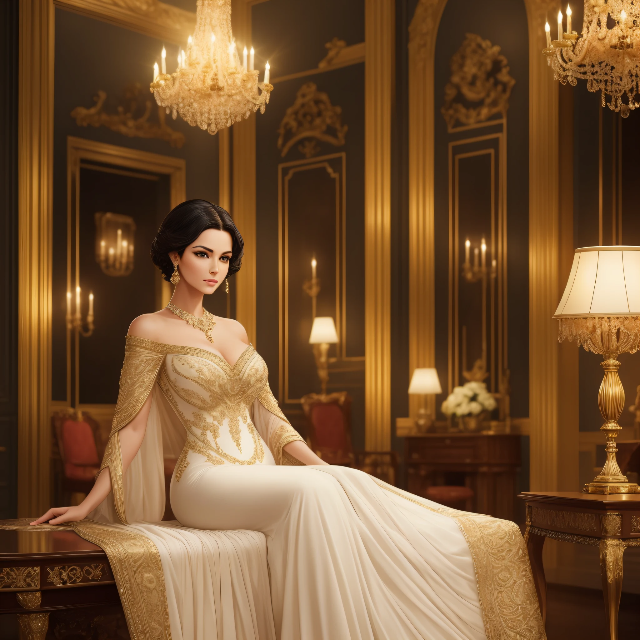 (8K, high resolution, cinematic, perfect anatomy, large breasts), a mesmerizing digital artwork that showcases a beautiful woman posing gracefully in an opulent antique room. Her short black hair frames her face with a touch of mystery, while her enchanting legs, accentuated by stylish high heels, add a hint of allure to the composition. She wears an elegant dress that exudes sophistication, with flowing fabrics and intricate details that highlight her timeless beauty.
The lighting should be carefully crafted to enhance the ambiance of the antique room, casting a soft glow that brings out the woman's features and the intricate elements of the surroundings. Play with shadows and highlights to add depth and create a sense of drama, drawing the viewer's attention to the woman's captivating presence.
The antique room should be filled with ornate furniture, decorative accents, and a rich color palette that complements the woman's elegance. Consider incorporating elements such as vintage mirrors, luxurious tapestries, or gilded frames to evoke the charm of a bygone era.
Capture the woman's poise and confidence through her pose and expression, inviting viewers to appreciate her timeless allure. The artwork should evoke a sense of grandeur and sophistication, transporting viewers to a world of beauty and grace. Let the composition and setting reflect a sense of timeless elegance, leaving viewers captivated by the captivating scene before them