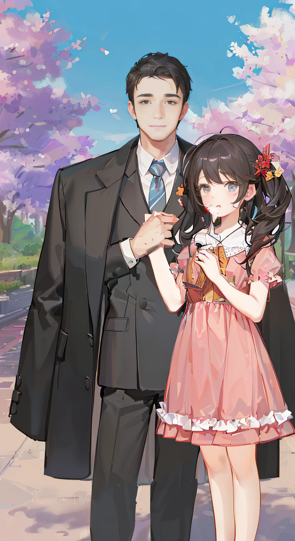 Anime couple in formal clothes standing side by side, boys looking at girls, boys holding girls' hands, girls cute --auto --s2
