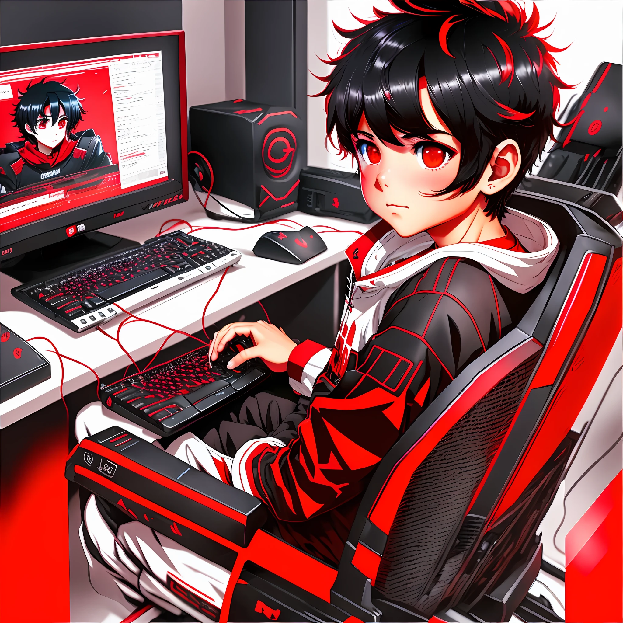 A boy,brunette skin,black hair,((bright red color eyes)), playing on a PC computer, night, cold red color clothing, ((gamer chair black color with white )),(((realistic anime version))).
