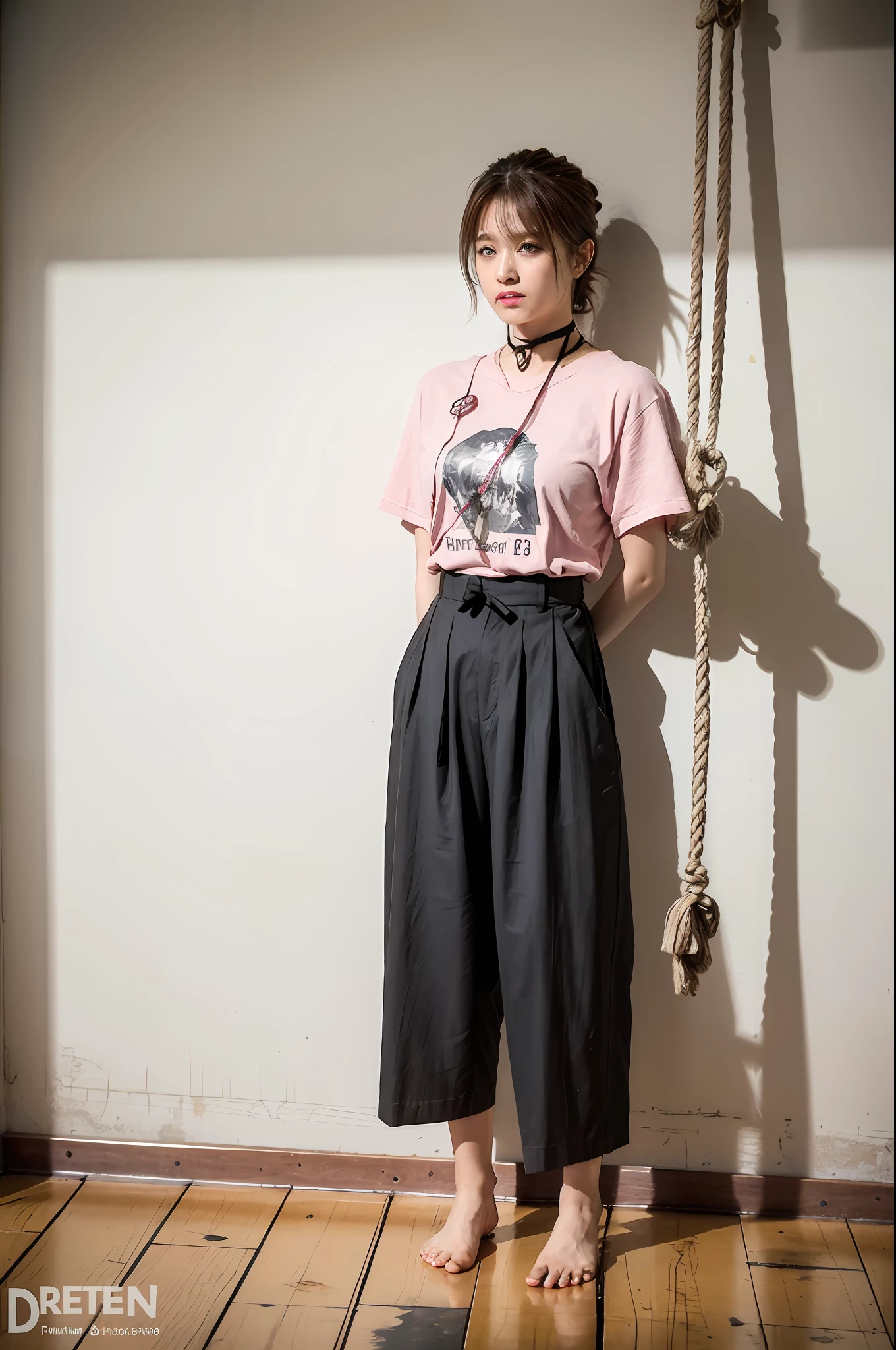 (8k:1.27), best quality, masterpiece, ultra highres:1.2), lesbian delinquent girl with medium length hair and arm tattoos, tattooed girl, full body picture, dirty old pink oversized knotted prisoner t-shirt, dirty big pink t-shirt with prisoner number written in t-shirt, short big sleeves, white prisoner pants tied with a rope, wearing dirty old goth clothes, shoulder length brown bob hairstyle, brown hair pulled back snooki style, blonde highlights, standing in the prison gallows next to a noose, about to be executed, hanging execution, handcuffed, hands tied with rope behind body, submissive neck choker and checkered keffiyeh scarf in neck, 4k or 8k picture, looking at the floor down very sad, very sad face, smelly, barefoot, rope noose hanging from ceiling, tattooed body, noose rope hanging
