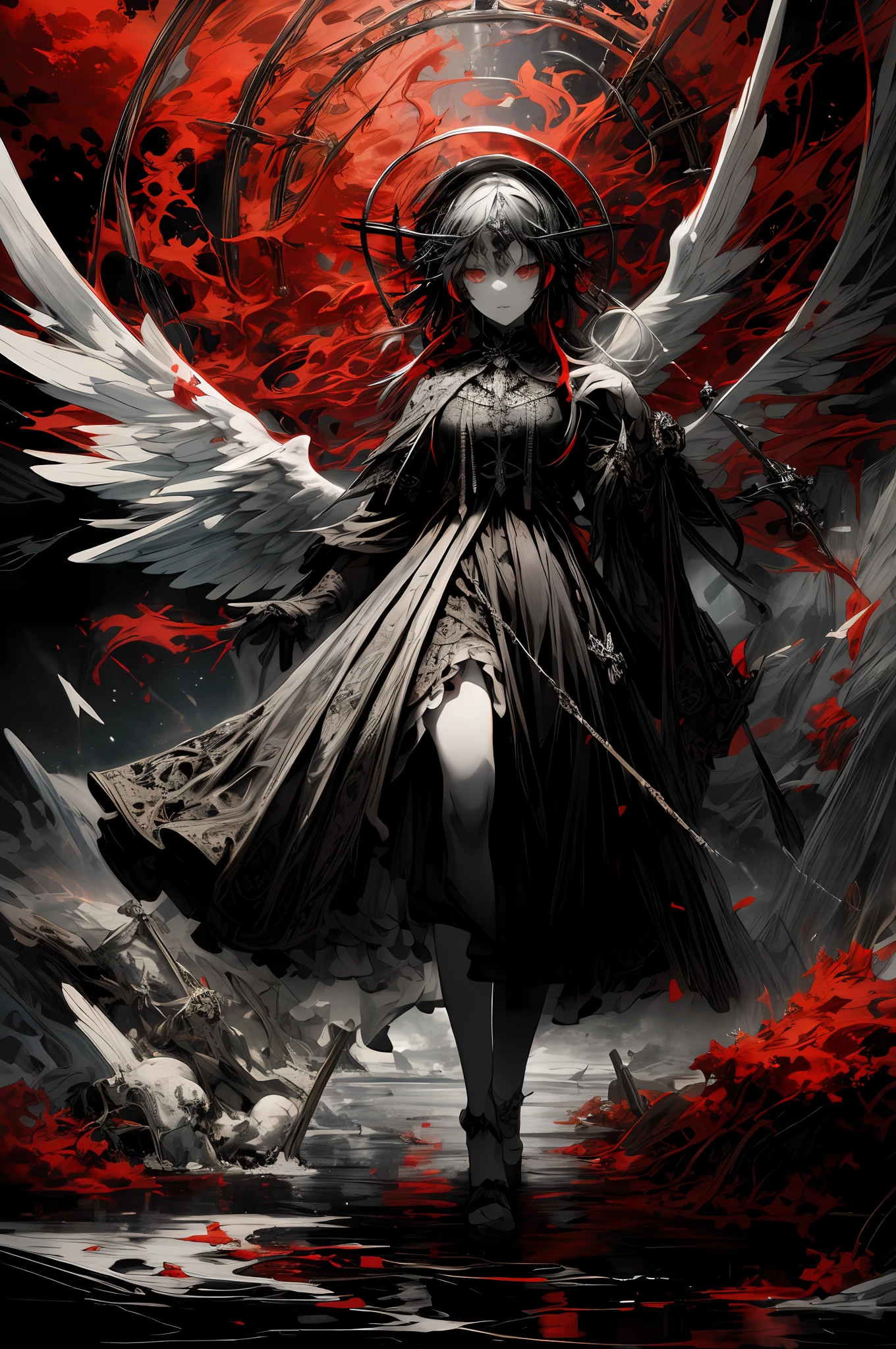 absurdres,((masterpiece)),solo,beautiful hand,(dead angel(black and white and red,innocent,beautiful,mystical,intricate,detailed)),she is walking on the black ocean,colorful refraction,surreal,intricate,blue sky