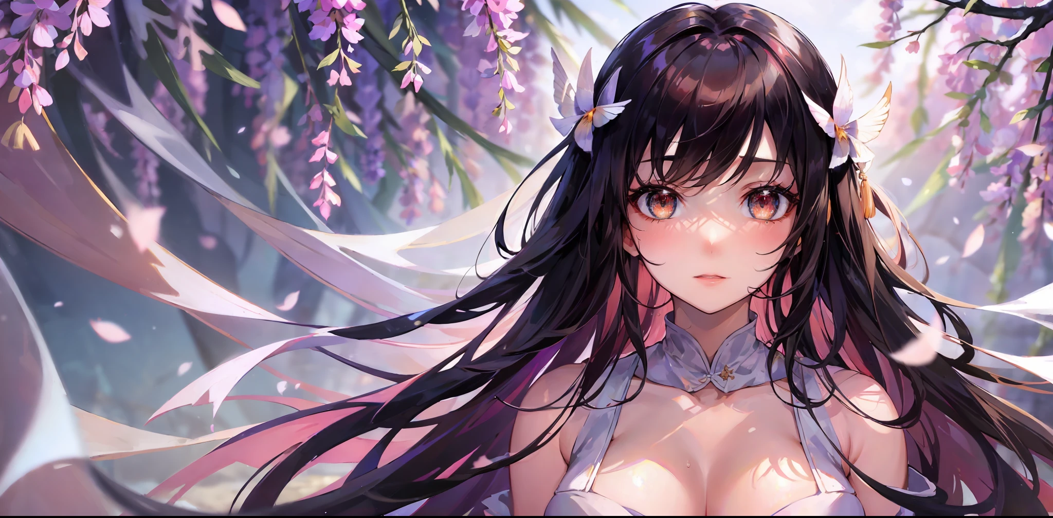 There is a woman in white dress, wild snow scene, a girl in Hanfu, Hanfu, Chinese girl, Chinese woman, Chinese style, white Hanfu, red shawl, snowing, distant scene one A peach blossom tree, full of peach blossoms, a few villages of peach blossoms stretching down from the close-up view, a lot of peach petals floating in the air, heavy snow with goose feathers, 2 colorful butterflies flying, traditional Chinese clothing, cover photo Du's portrait Juan, portrait photo, China Princess, wearing red cheongsam, inspired by Tang Yifen, black haired goddess, beautiful brunette girl, oriental girl, master work, best picture quality, higher quality, high detail, super high resolution, 8k resolution, depth of field, Cinematography, Intricate detail, Elaborate, Meticulous, Magnificent, Maximum detail, Extreme beauty, (((1girl, solo))), 18age, Long hair, Black hair, White skin, Realistic, Masterpiece, (best picture quality), higher quality, high detail, super high resolution, panorama, exquisite facial features, perfect face, glowing skin, dreamy background, women, girls, angels, mini girls, goddesses, poets, shy, Surprise, shoulder-length hair, black hair, sharp and clear focus, three-dimensional silhouette, correct proportions, realistic portrait, face close-up, a very temperamental beautiful girl, slender figure, exquisite facial features, flowing long hair, Black hair, extremely detailed hair description, (collarbone), perfect face, clean and flawless face, long eyelashes, light pink eye shadow, shallow dimples, blush, watery big eyes crystal clear, delicate cream Glowing skin like skin, detailed skin details, CFG scale: 8,(A beautiful girl with large breasts and a wisteria flower in her hair),(she wears a white bikini and has her lips slightly parted),(her navel is visible as she stands surrounded by alraune plants), a dream-like atmosphere with vibrant colors and soft lighting, red hair, yellow detailed eyes