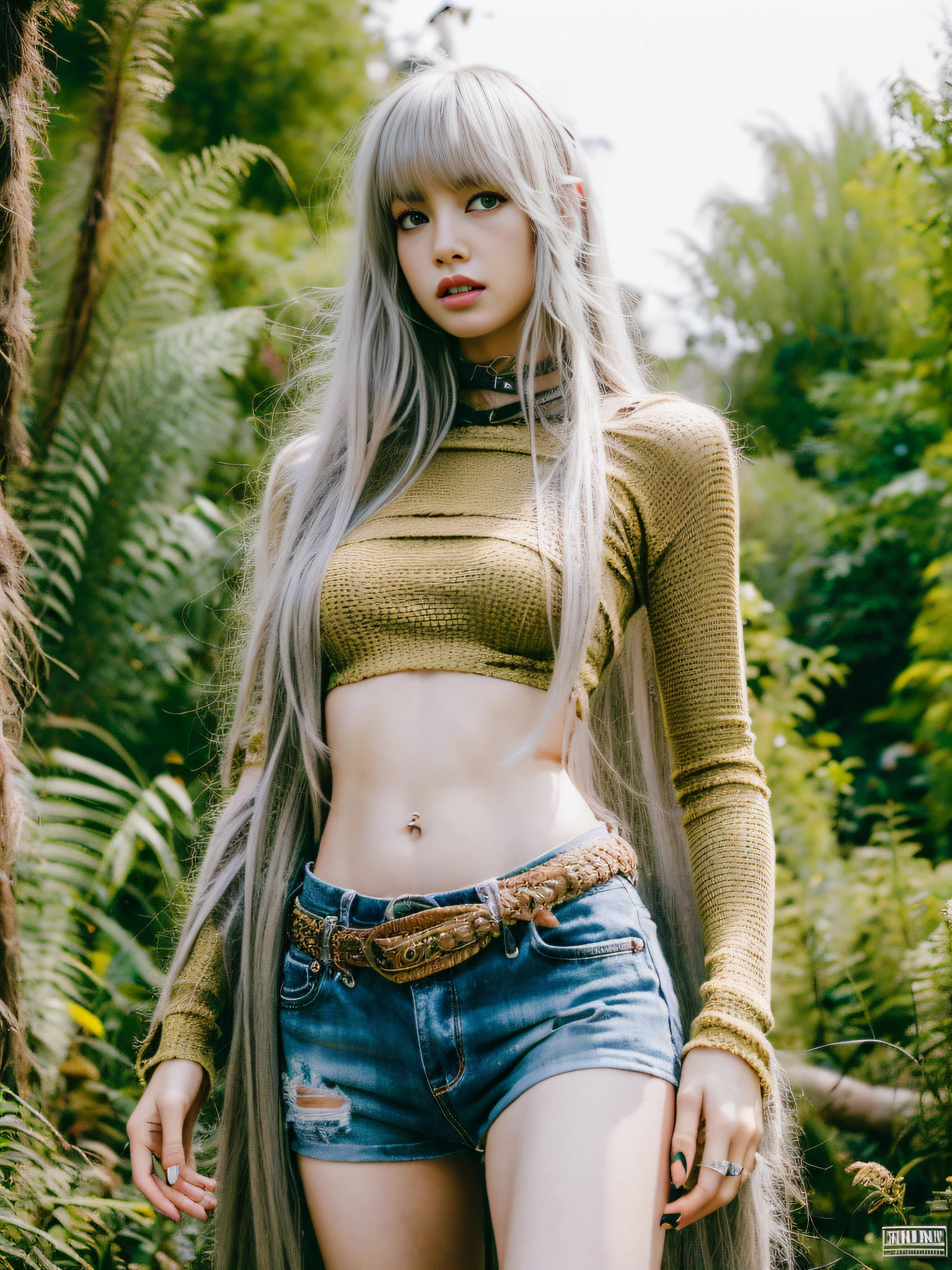 Lisa light yellow long hair, Lisa face shape, wearing wasteland punk costume, thin knitted clothing, ruins, sexy, bare waist, long legs, masterpiece, superlative, realistic, HD, natural sunlight, 16k
