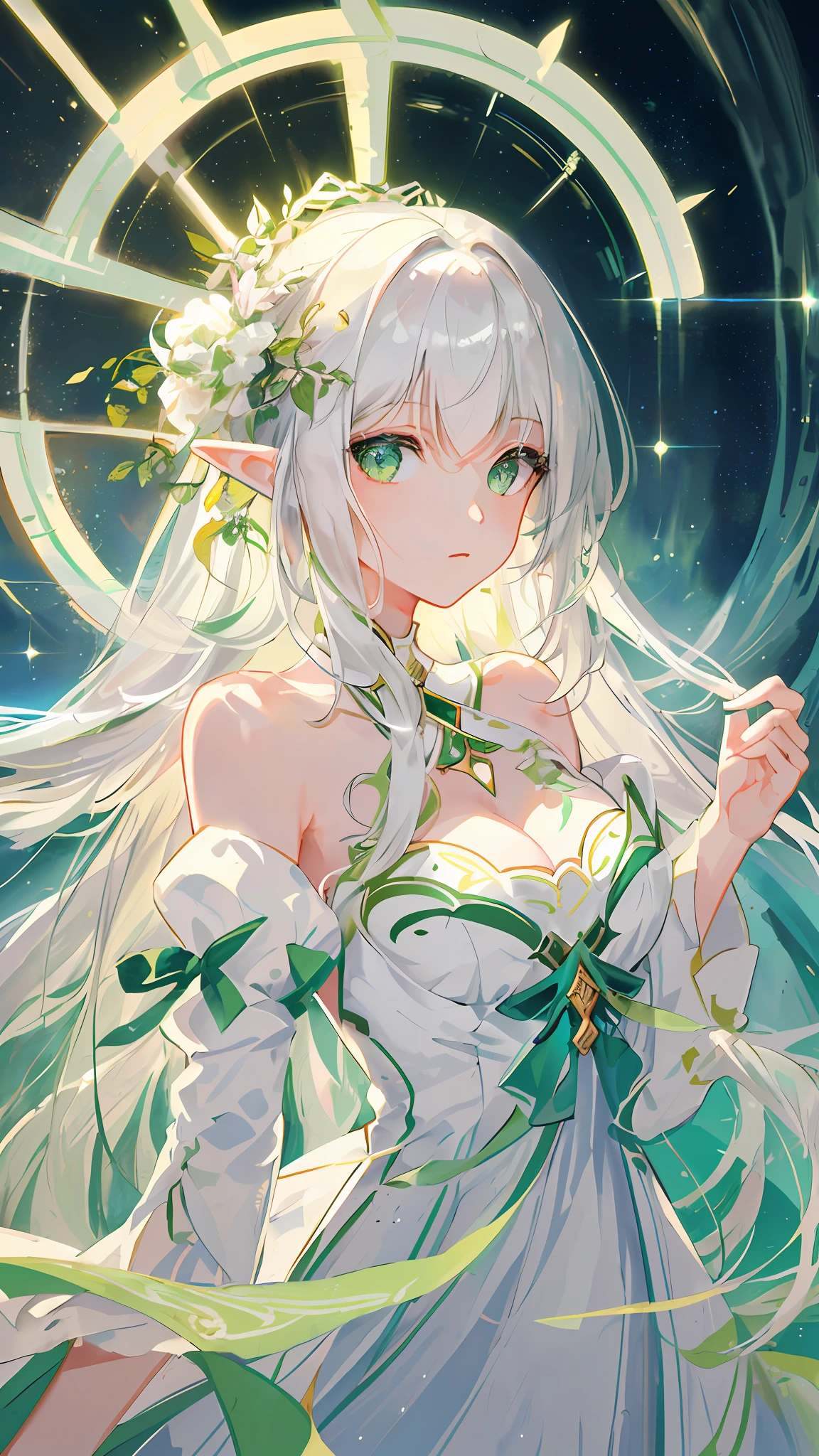 Masterpiece, Superb Painting, Illustration, 1girl, Cute, (Dynamic Light: 1.2), Cinematic Light, Delicate Facial Features, (Fine Beautiful Eyes: 1.2), (Bright Green Eyes: 1.233), Waterfall Braid, Extra-Long White Hair, Elf Ears, Depth of Field, Background Blur, Clear Focus, (Ultra Detailed, Halo, Glow: 1.4), long white hair, pale green at the end of the hair, girly face, fair boobs, medium boobs, (off-the-shoulder: 1.1), (nude: 1.1), dress, trimmed white, delicate and gorgeous, (split sleeves, wide sleeves), nahida_genshin, cleavage, twisted braids