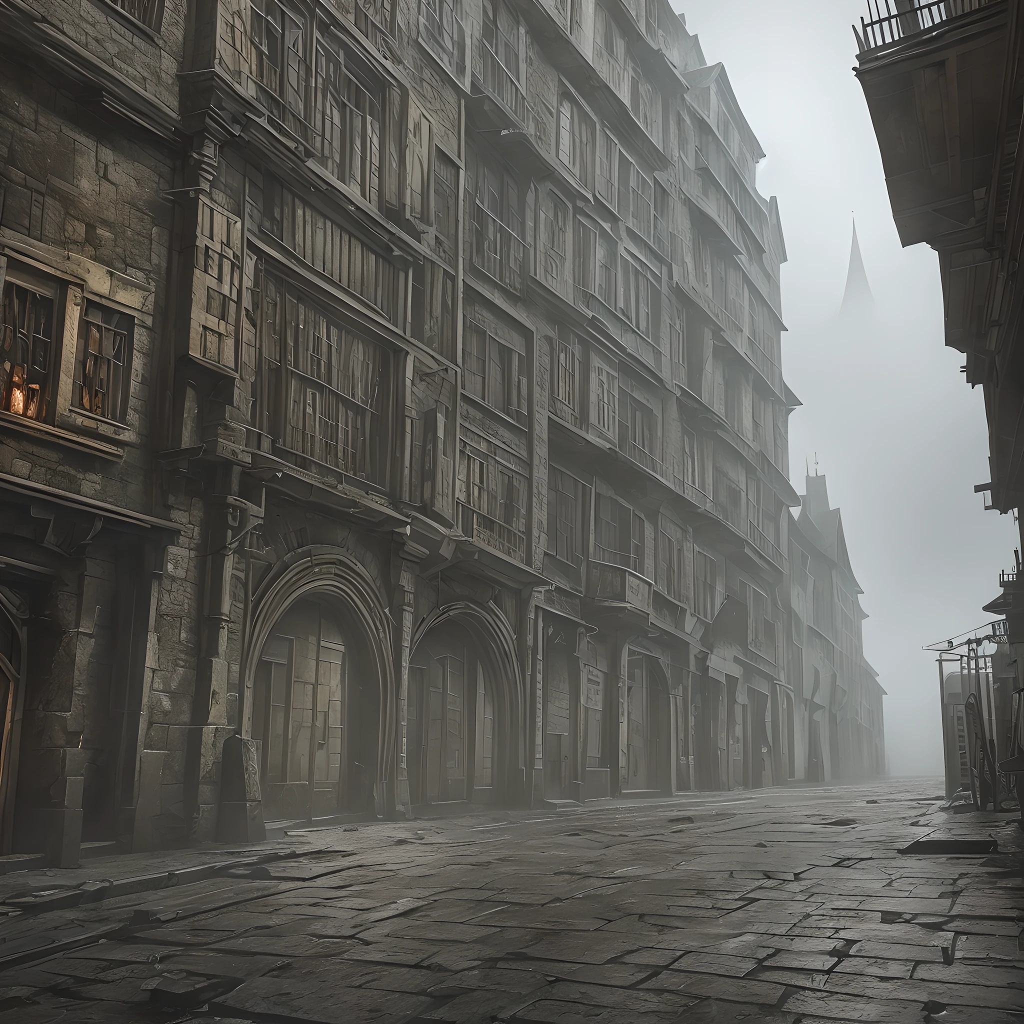 Apocalyptic medieval City, dystopia, nothing is well, madness, H.P Lovecraft, dark background with caustics, fog, smoke, 4k