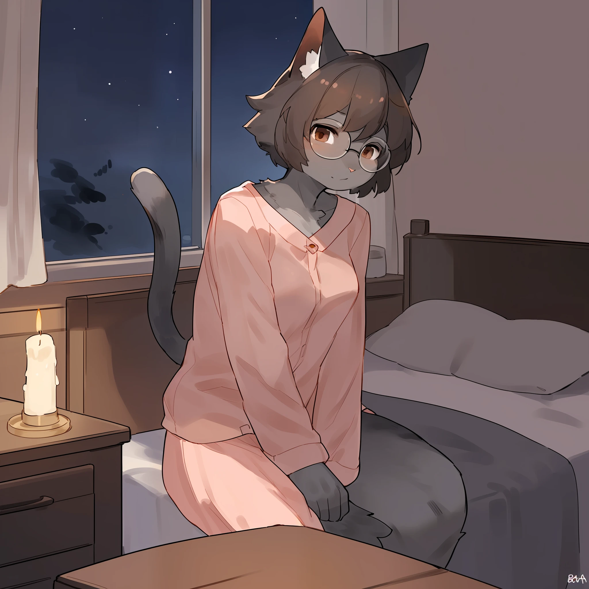 Solo, female, (((dark grey fur, dark grey body, feline, plain fur, no fur pattern))), glasses, dark brown hair, very short hair, brown eyes, detailed eyes, detailed hair, by buta99, by bebebebebe, night, dim lighting, candlelight, candle on the bedside table, bedroom, pink pajamas