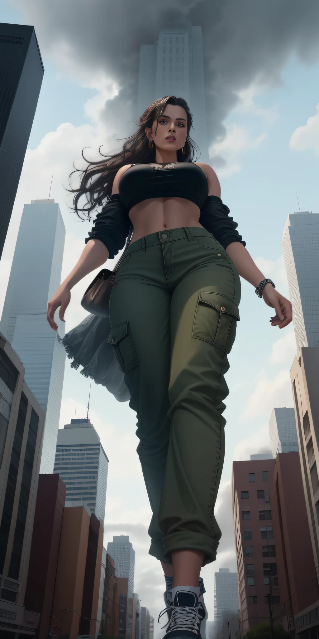"A towering Giantess in a cool and laid-back hippie style is rocking a crop top and baggy pants. Her toned and athletic build hints at her massive strength. She seems to be casually strolling through the bustling cityscape of GTS City, as towering buildings loom overhead. Smoke and clouds roil around her, adding to the sense of epic scale and drama. The lighting is dark, gloomy, and realistic, creating a tense and ominous atmosphere. The perspective is from below, emphasizing the sheer majesty and power of the Giantess."